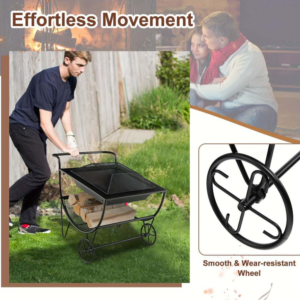 1pc Deluxe Outdoor Wood Burning Fire Pit - Steel Patio Stove with Log Storage Rack and Wheels for Easy Mobility - Perfect for Yard, Garden, and Backyard Gatherings - Durable Construction and Versatile Design