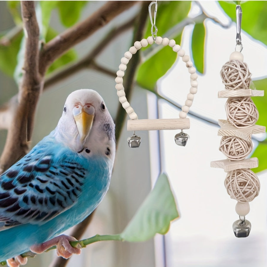 8pcs Solid Wood Bird Toy Set - Tiger Skin Peony Love Bird Small and Medium Parrot Toys with Swing Stairs and Chew Ball