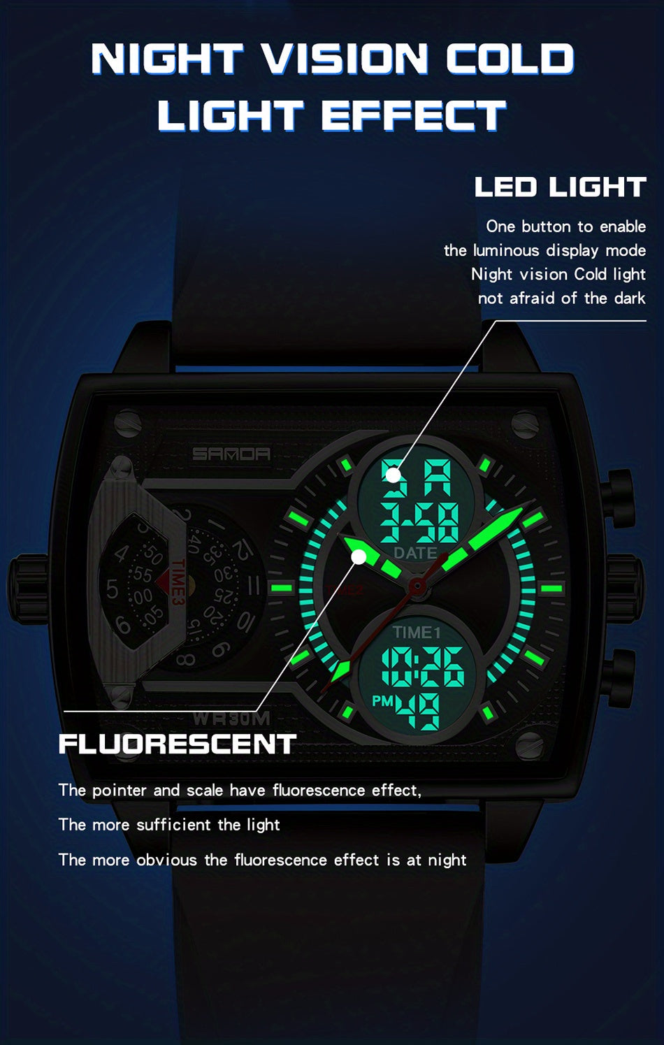 Large Dial Multi Time Zone Men's Watch, Square Dual Display Multifunctional Sports Watch with Dual Time Zone, Date, Alarm, and Stopwatch Functions
