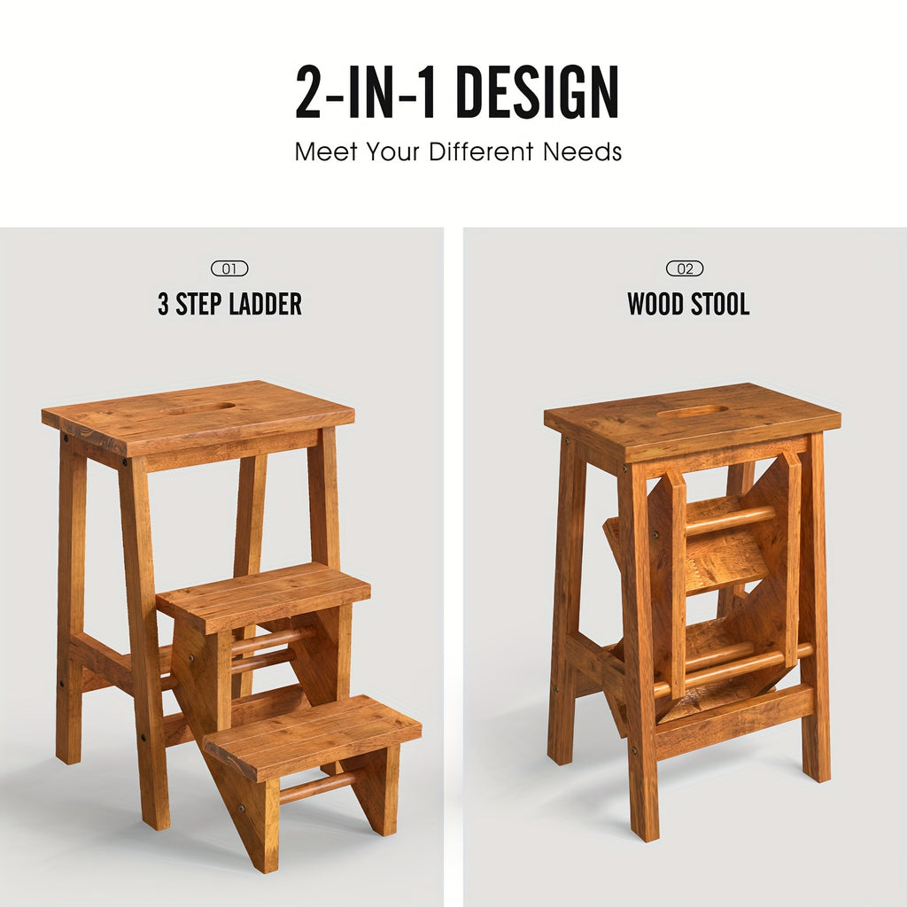 3-in-1 Folding Step Stool with 24" Storage Shelf - Multi-Function Coffee Brown Rubber Wood Ladder, Durable & Portable for Home, Garage, or Garden Use, Sturdy Ant-Slip Surface, 200 lbs Capacity Per Pedal, Garage Utility Ladder