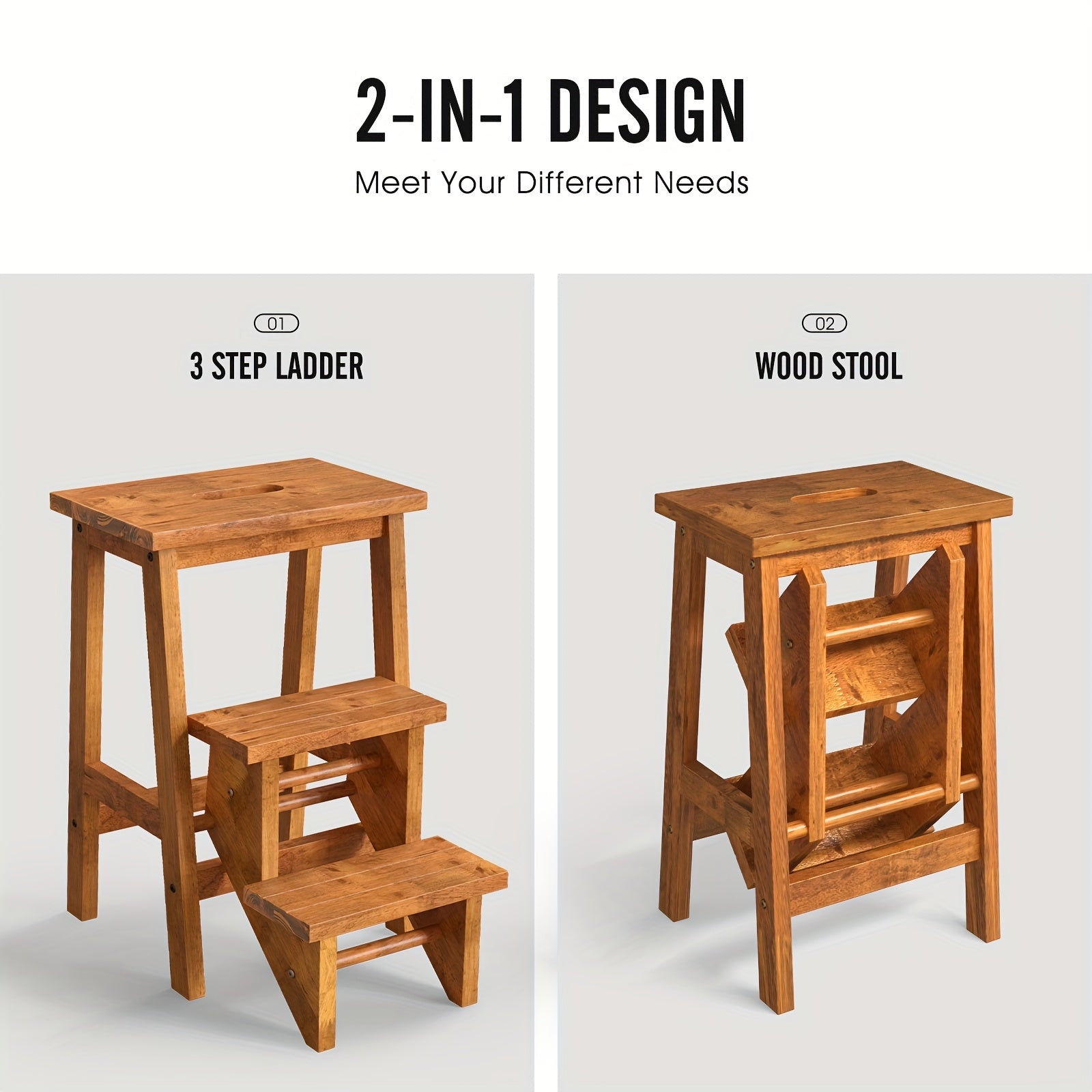 3-in-1 Folding Step Stool with 24" Storage Shelf - Multi-Function Coffee Brown Rubber Wood Ladder, Durable & Portable for Home, Garage, or Garden Use, Sturdy Ant-Slip Surface, 200 lbs Capacity Per Pedal, Garage Utility Ladder