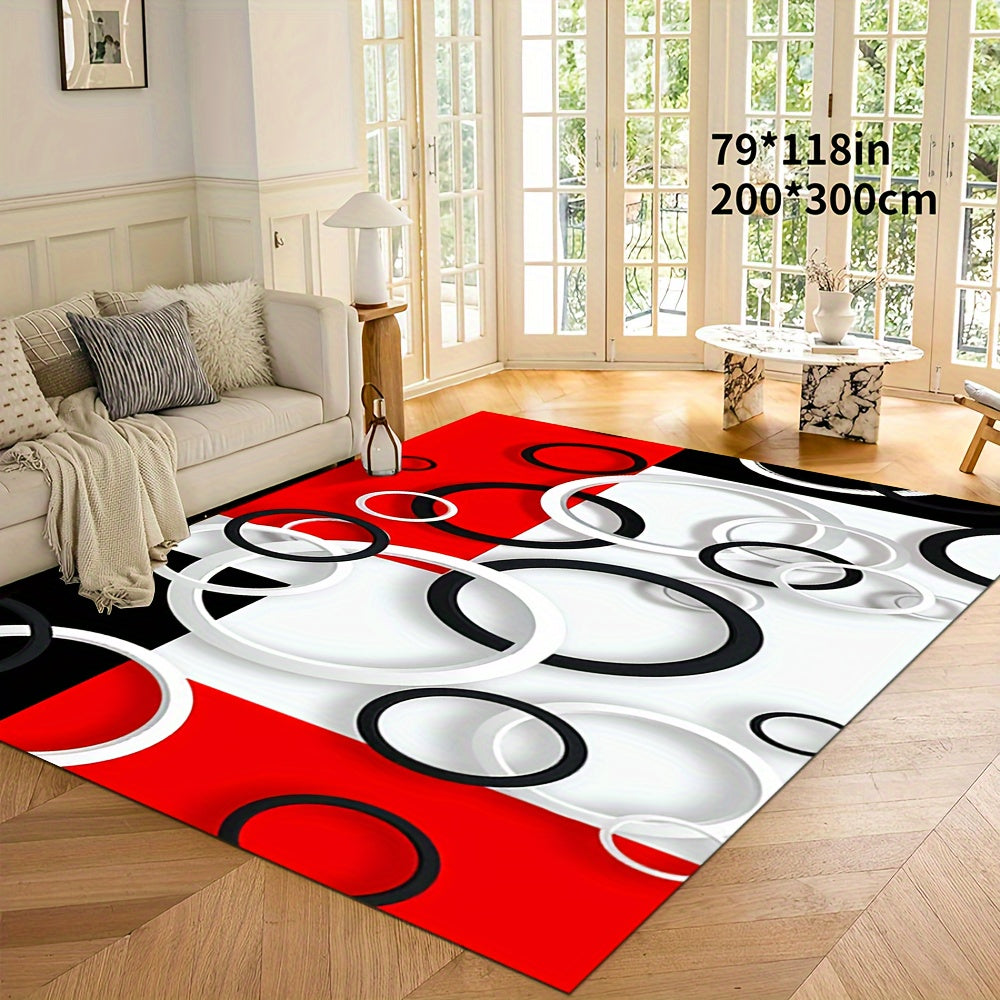 Luxury Modern Black, White & Red Circle Pattern Area Rug - Ultra-Soft Crystal Velvet, 800gsm, Non-Slip Backing, Machine Washable for Living Room, Bedroom, Kitchen, and More, Rugs for Living Room, Plastic Dot Pattern, Winter W