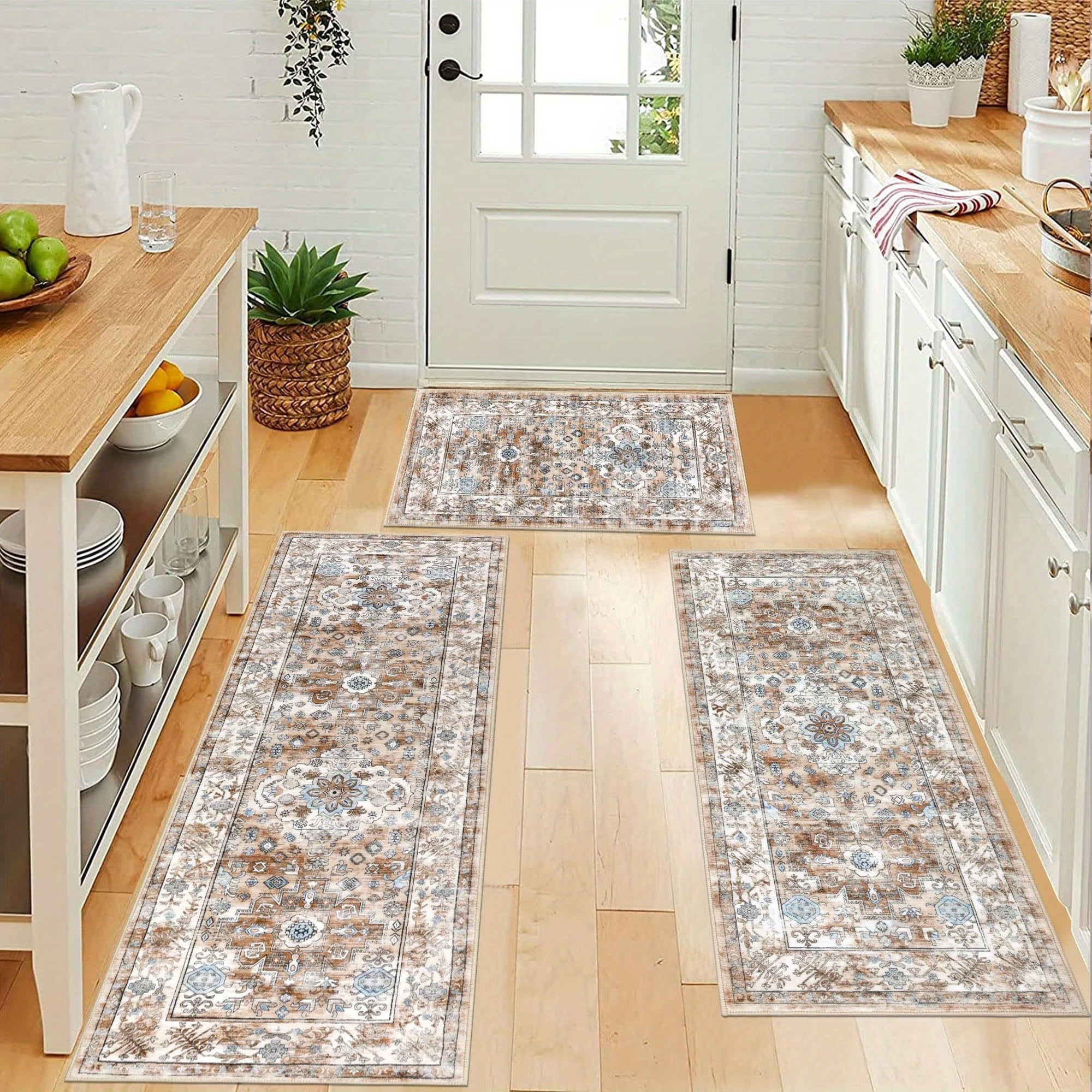 1/2/3pcs Bohemian Style Flannel Kitchen Floor Mats, Washable Low-area Rugs, Suitable for Decoration In Kitchens, Laundry Rooms And Hallways