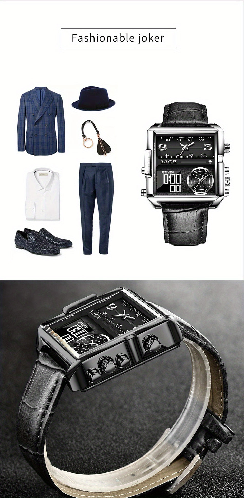 LIGE Fashion Men's Sports Square Analog Big Quartz Watch, Ideal Choice For Gifts