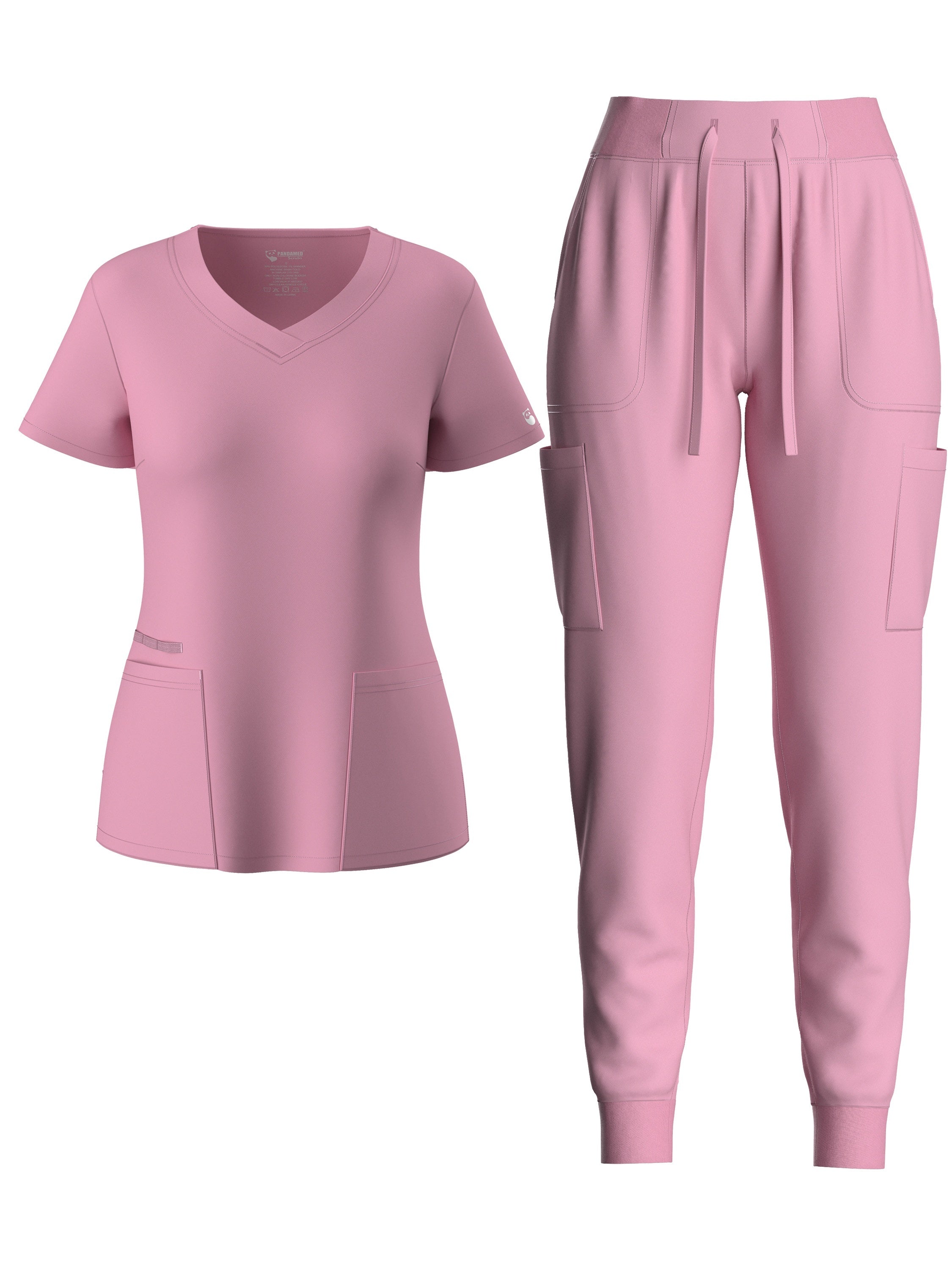 two-piece Elegant Two-Piece Scrub Set for Women: Short Sleeve V Neck Top & Drawstring Pants