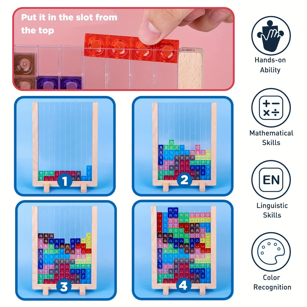 Wooden Blocks Puzzle Brain Teasers Toy, Intelligent Colorful 3D Plastic Blocks Game With Vertical Wood Frame Game Board, Tangram Educational Toys Gift For Kids Age 3+