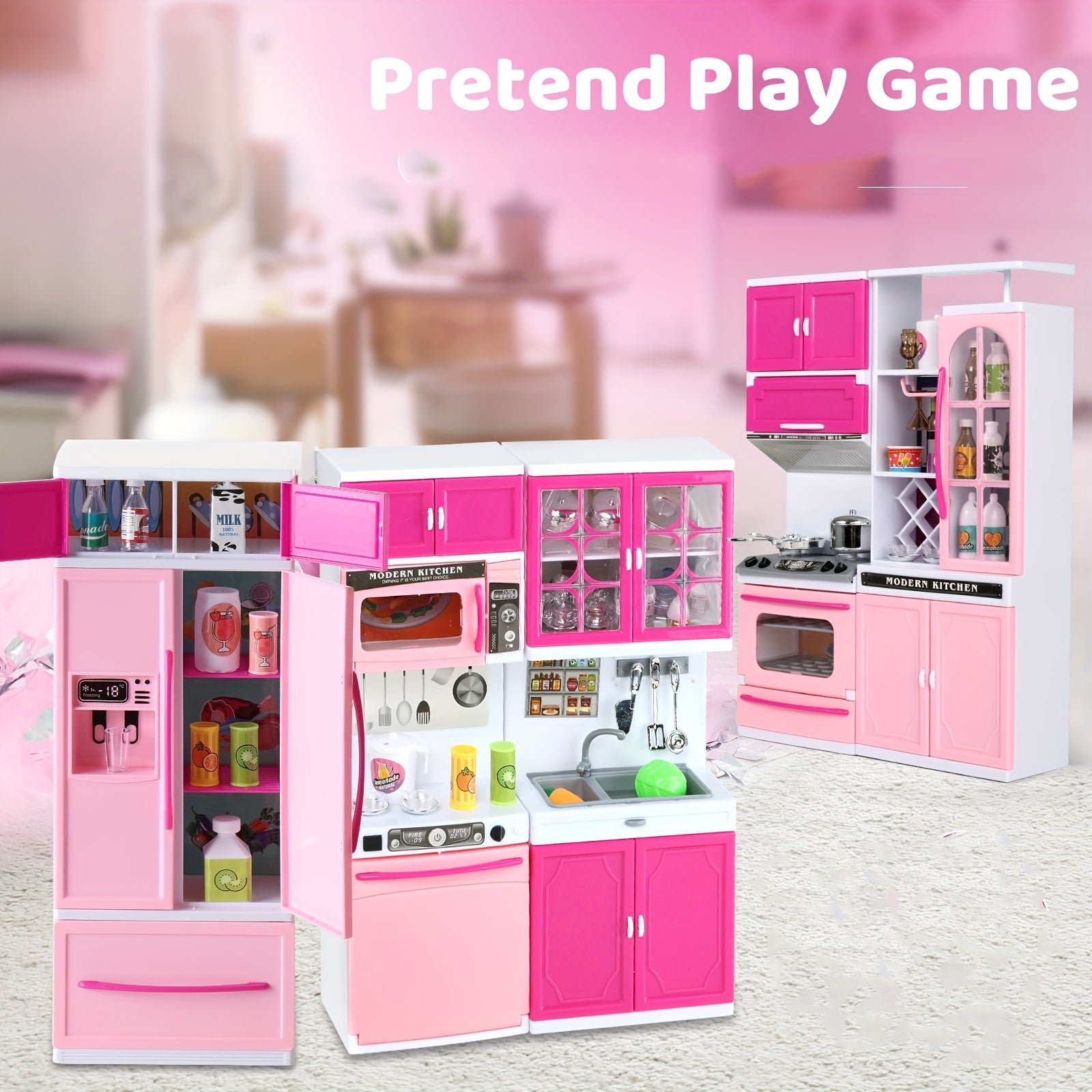 Pink 64 PCS Mini Furniture Sets - Doll Playset Toys With Lights and Sounds
