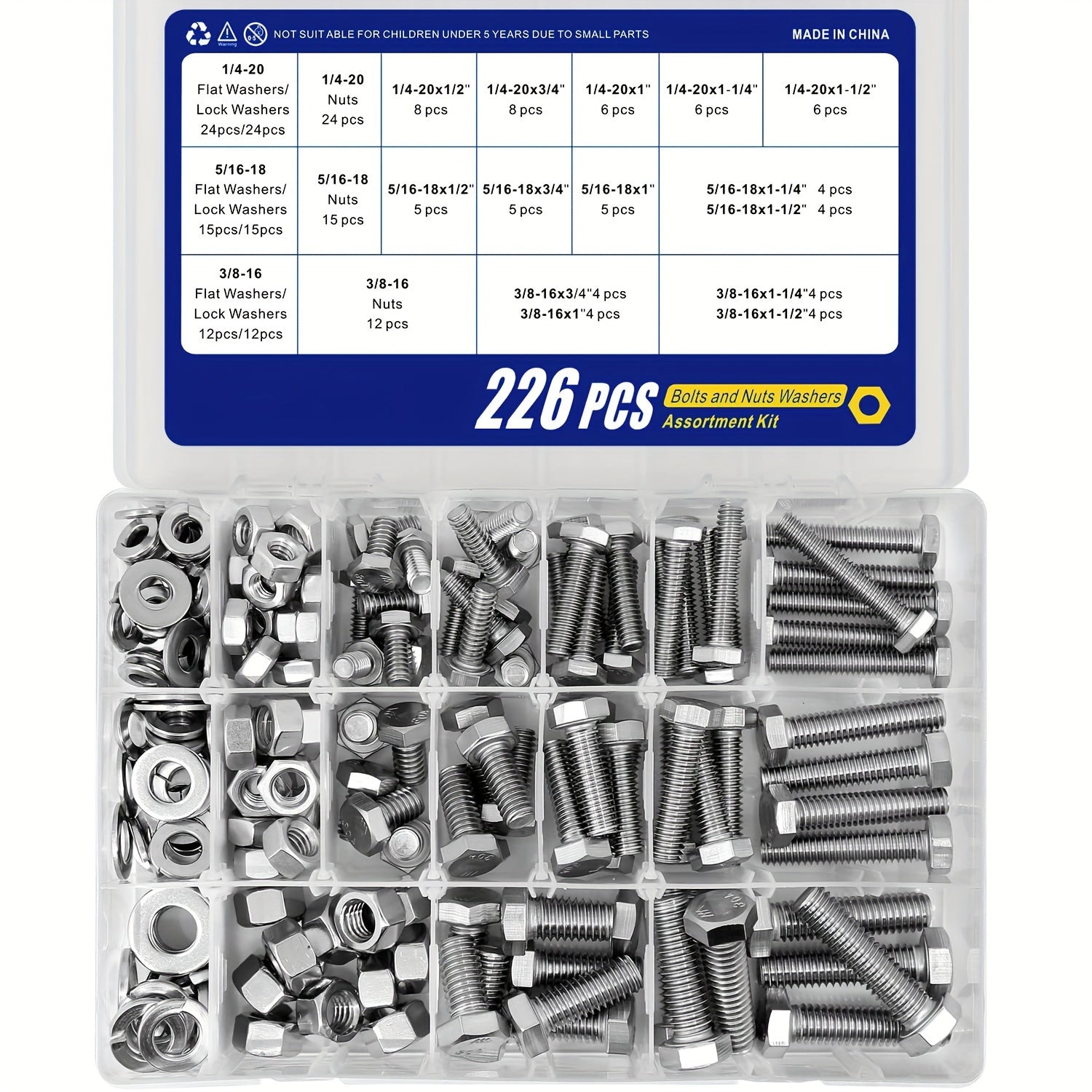 226pcs Heavy-Duty 304 Stainless Steel Bolt and Nut Assortment Kit