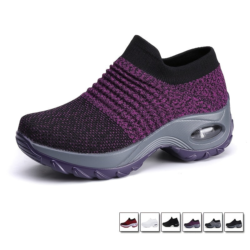 Women'S Air Cushion Sole Sneakers, Lightweight Knit Slip on Shoes, Breathable Running Shoes
