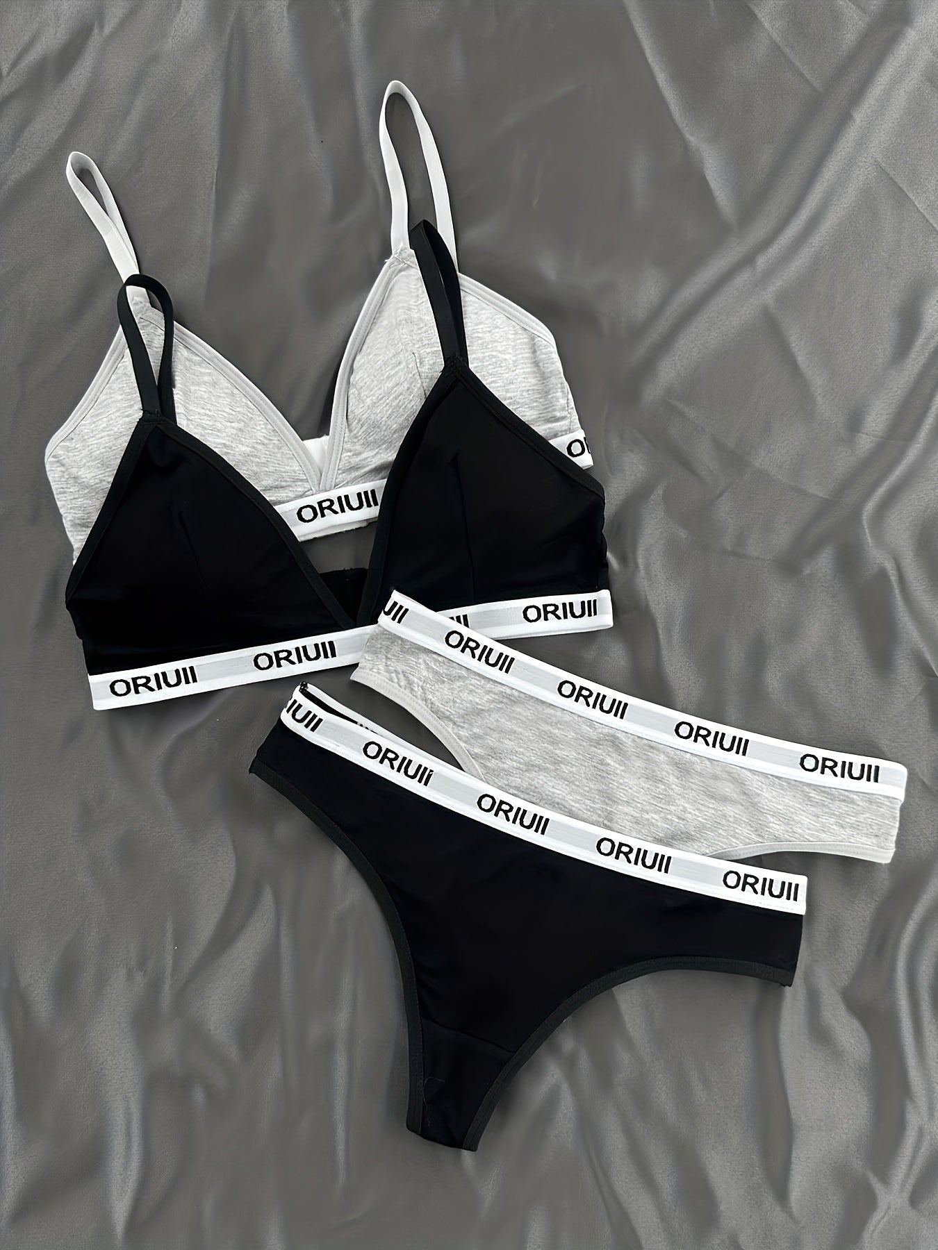 2 Sets Letter Print Bra & Panties, Wireless Sports Bra & Elastic Thong Lingerie Set, Women's Lingerie & Underwear