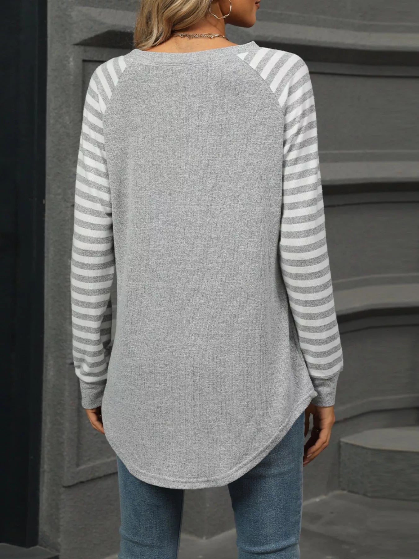 Striped Round Neck Raglan Sleeve T Shirt