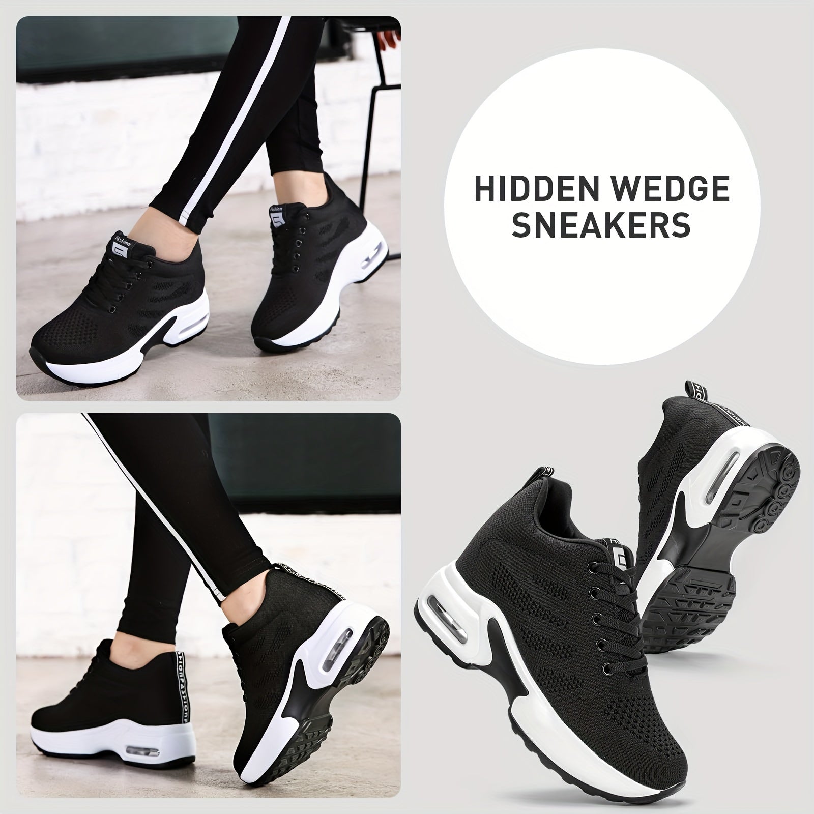 SOSENFER Women's Low-Top Sneakers with Lift - Summer Breathable Height-Enhancing, Round Toe Casual Athletic Wear, Sole & Fabric Upper (/Solid Colors Available) - for Dresses, Skirts, Short Pants