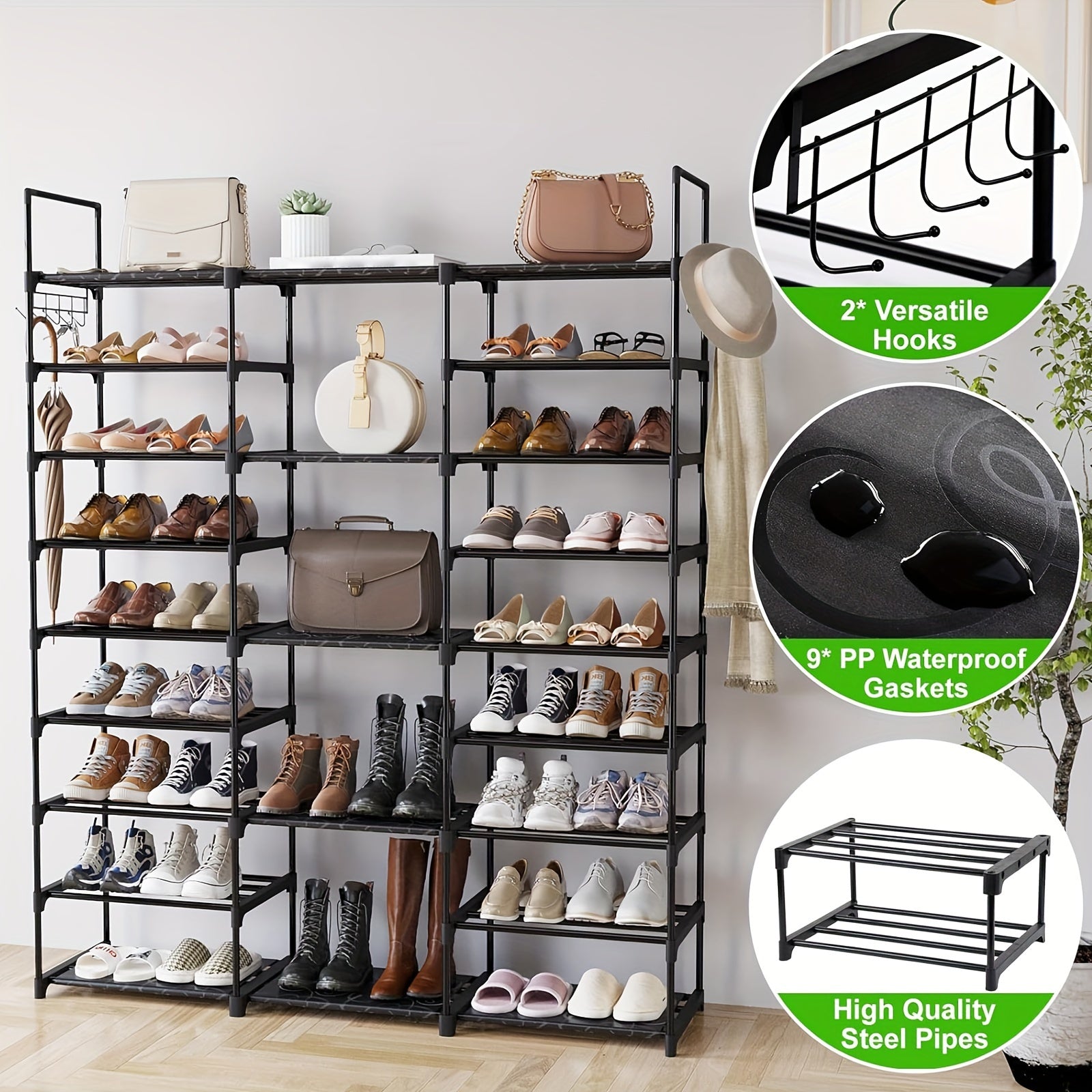 1 pc 9-tier shoe rack organizer (51" L x 10.6" W x 61.2" H), black, 50-55 pairs, stackable metal rack with entry hook, bedroom closet shoe rack