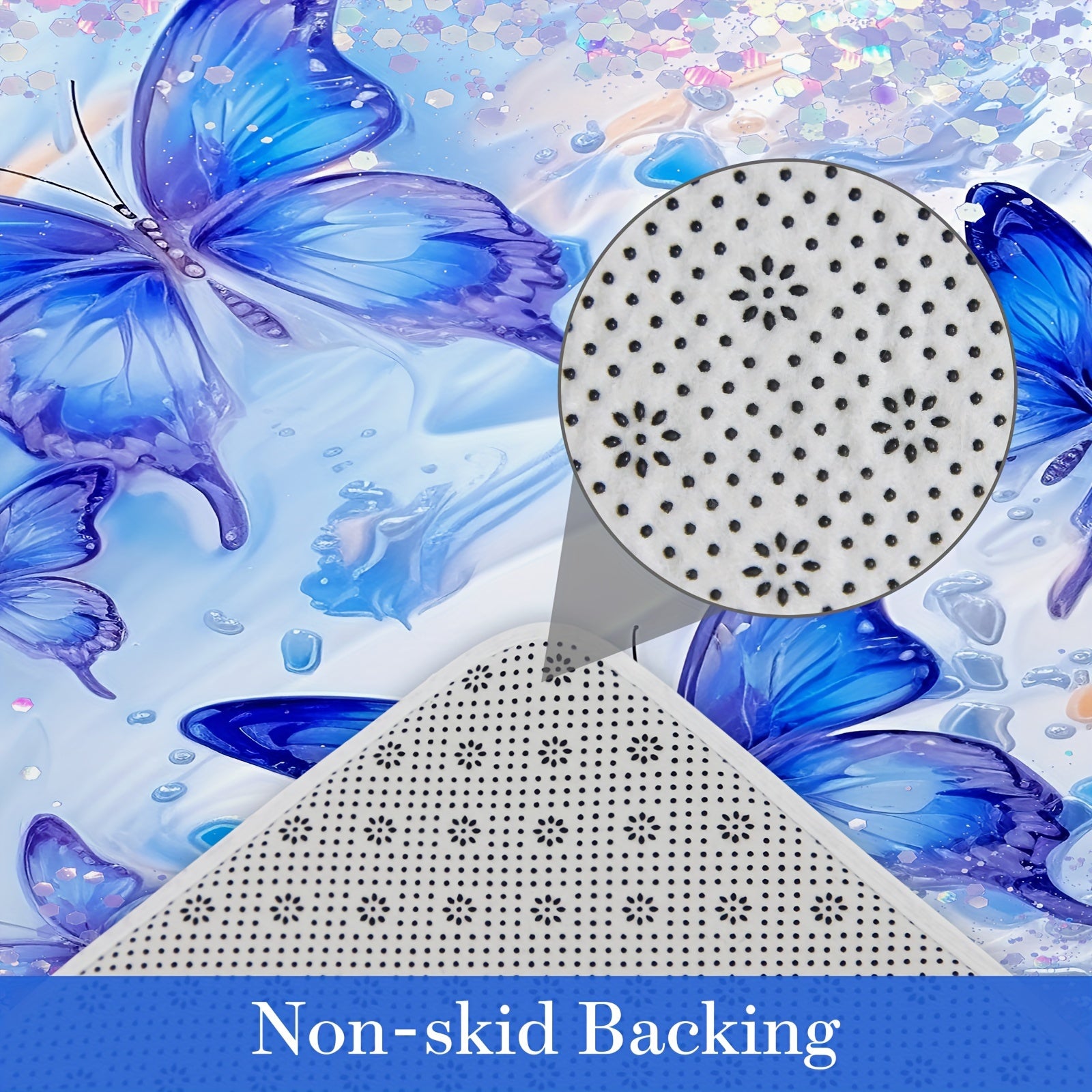 4 Pcs Blue Floral Butterfly Bathroom Sets With Shower Curtain And Rugs, Spring Shower Curtain Sets With Rugs For Modern Bathroom Decor, Sparkling Bathroom Sets With Rugs And Accessories