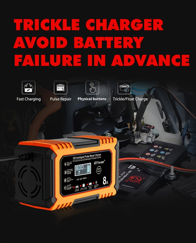 [Smart Car Charger] 12V 8A Smart Trickle Charger, American Plug Car Battery Charger | for Automotive Lead Acid and Lithium Iron Batteries