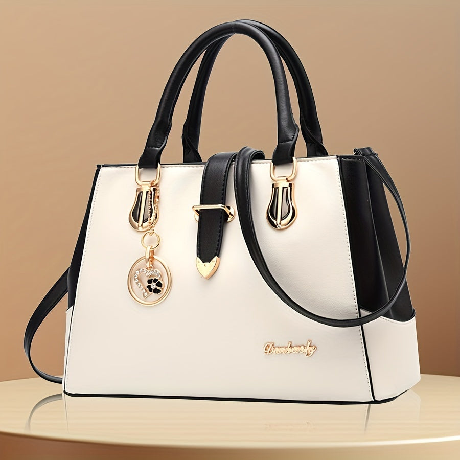 Women's Letter Detail Shoulder Bag, Elegant Double Handle Purse, Simple Large Handbag For Work