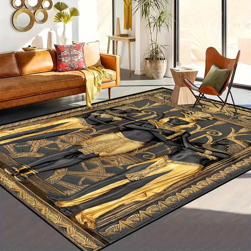 Egyptian Three Golden Men Carpet - Machine Washable Luxury Mat with Golden & Design, Rectangular Floor Mat for Living Room, Bedroom, Office, Outdoor - Durable Polyester Home Decor Mat, Rugs For Living Room, Bedroom Accent, El