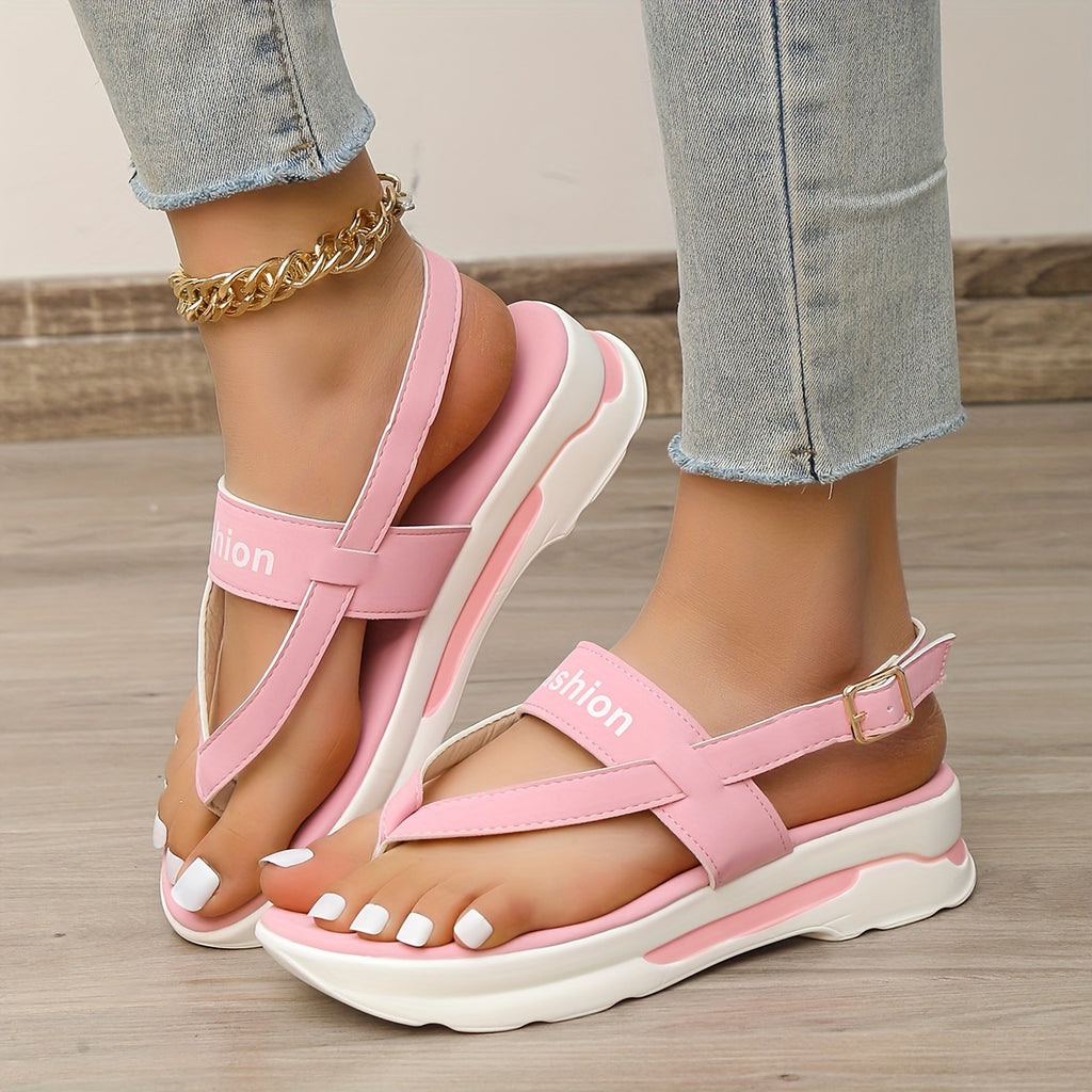 Women's Platform Thong Sandals, Solid Color Letter Buckle Strap Slingback Shoes, Outdoor Summer Sandals
