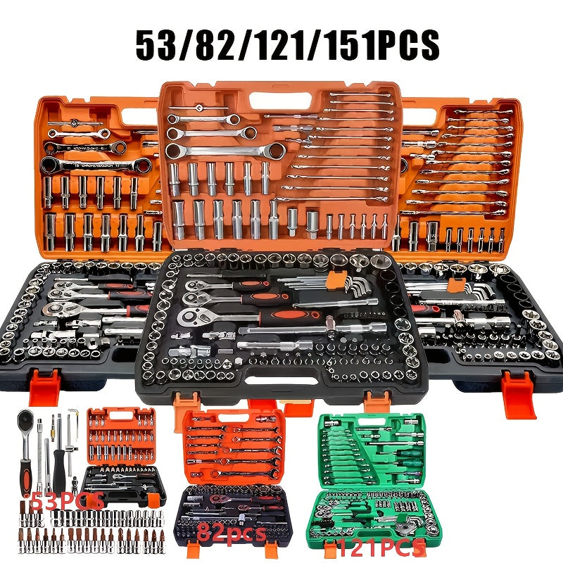 53/82/121/151PCS Heavy Duty socket Set, (5/16 Inches to 3/4 Inches) And Metric
