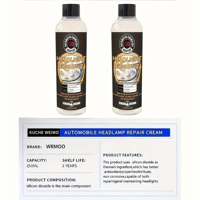 Car Headlight Restoration Fluid Automotive Headlight Oxidation Yellowing Scratches Blurring Enhancement Crystal Plating Coating Refurbishment Agent 8.45oz
