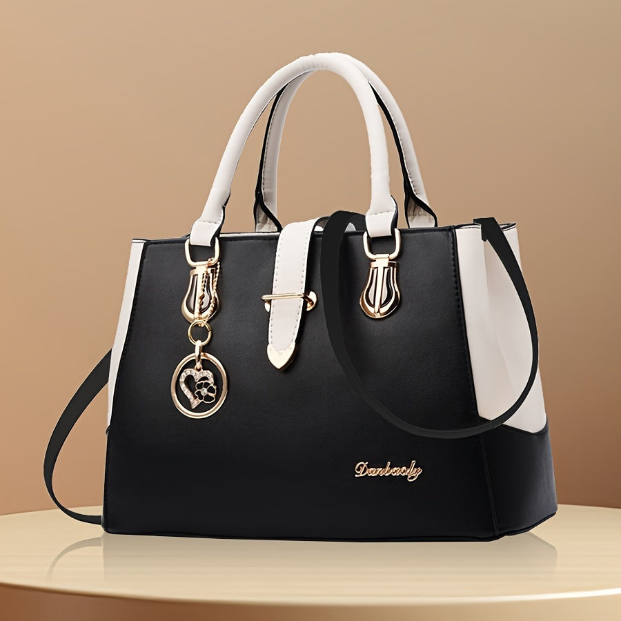 Women's Letter Detail Shoulder Bag, Elegant Double Handle Purse, Simple Large Handbag For Work
