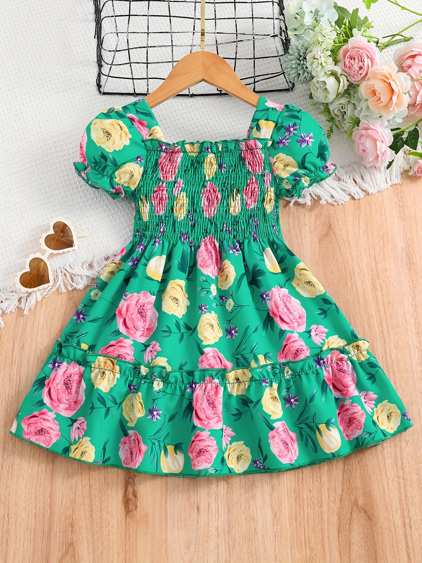 Girls Puff Sleeve Floral Shirred Ruffled Hem Party Dress Kids Summer Clothes