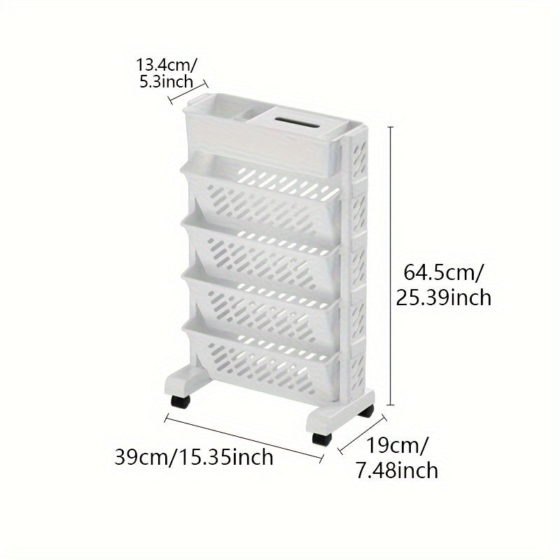 1pc Five-Level Movable Bookshelf, Desk Side Shelf, Floor Cart with Pen Holder for Office Study Supplies Storage and Document Storage
