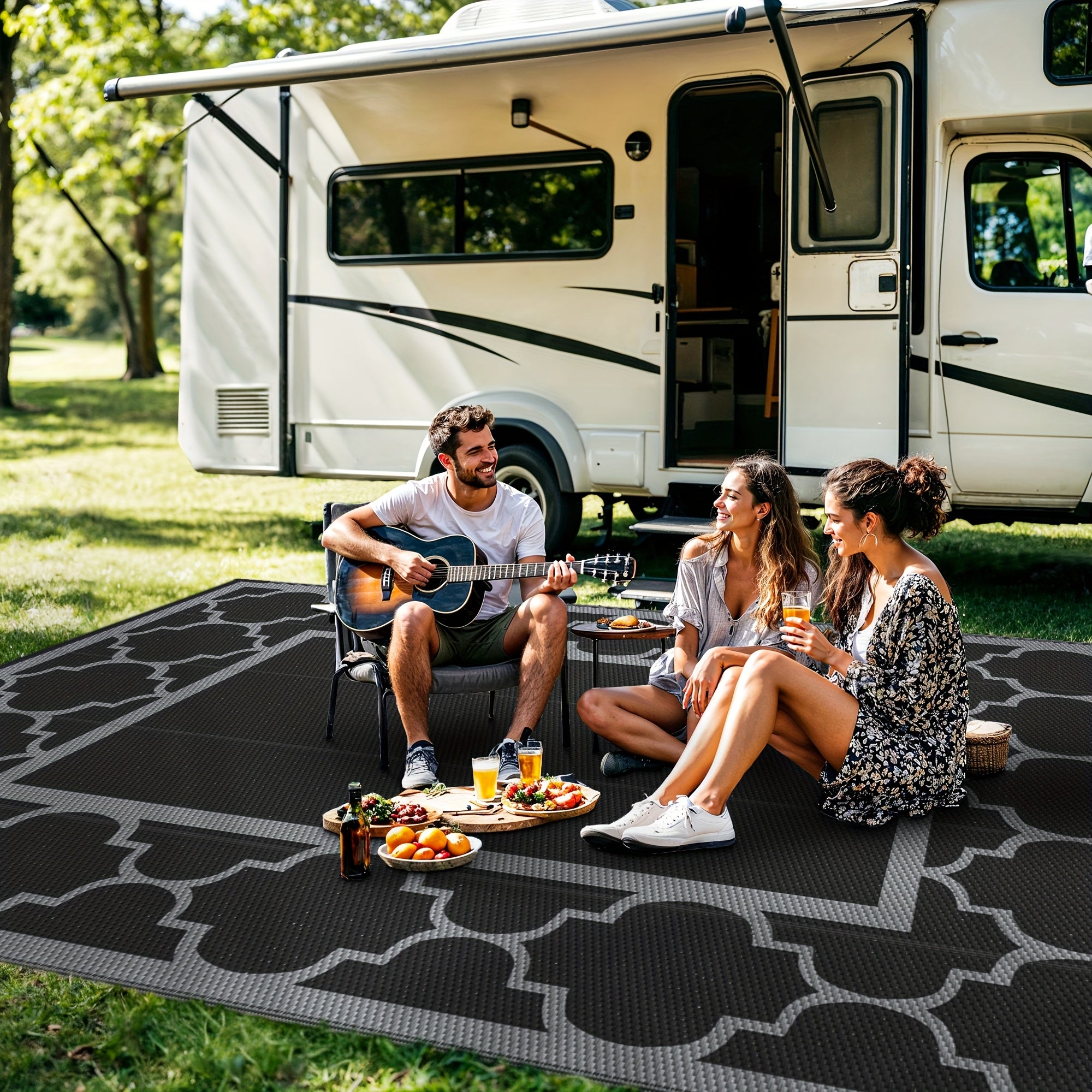 Outdoor Rug Patio Waterproof, Reversible Plastic Straw Area Rugs Mat For Camper Decor, Outside Carpet For Camping, Rv, Deck, Porch, Picnic, Beach, Balcony, Black & Grey