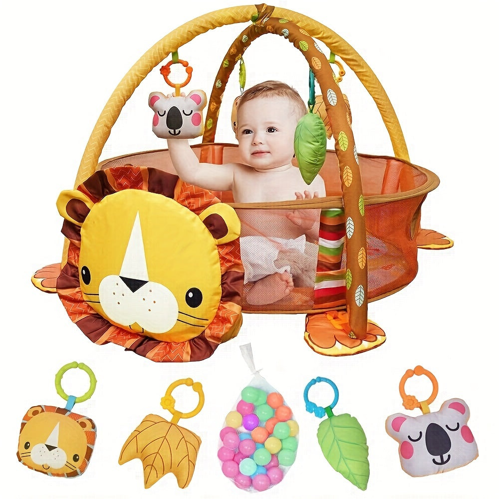 Newborn Play Gym Lion Shaped Baby Play Mat with 4 Featured Toys for Sensory Exploration and Motor Skill Development for Children Aged 0-3 Years, Including Ocean Balls.