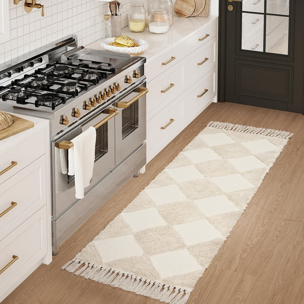 Collive Checkered Boho Bedroom Rugs, Beige Small Bathroom Rug Modern Bath Mat Washable Cotton Woven Accent Rug Tufted Throw Rug, Farmhouse Entryway Door Mat For Kitchen Laundry Room Entrance