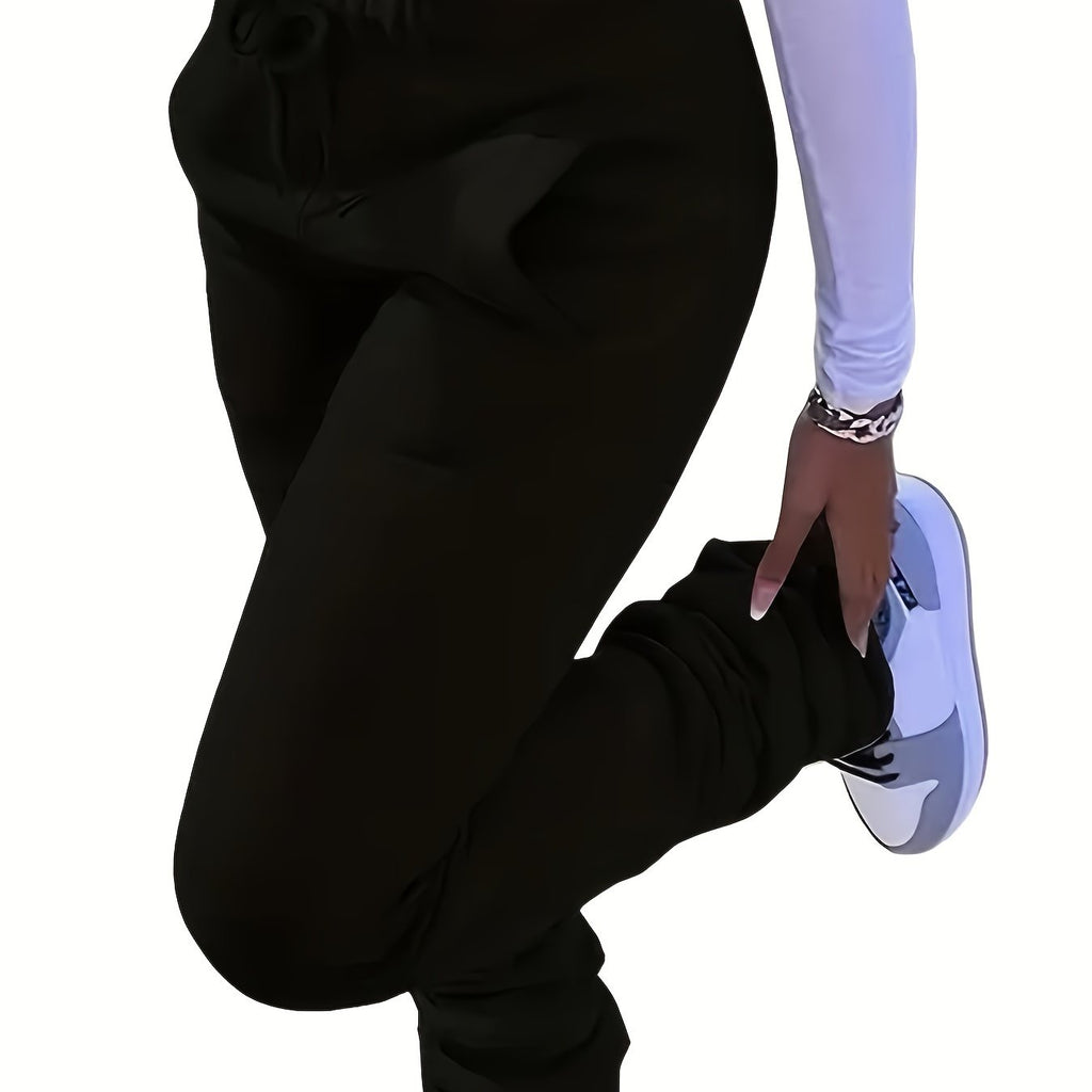 Solid Color Casual Fleece Sports Pants, Drawstring Elastic Winter Warm Jogger Sweatpants, Women's Athleisure