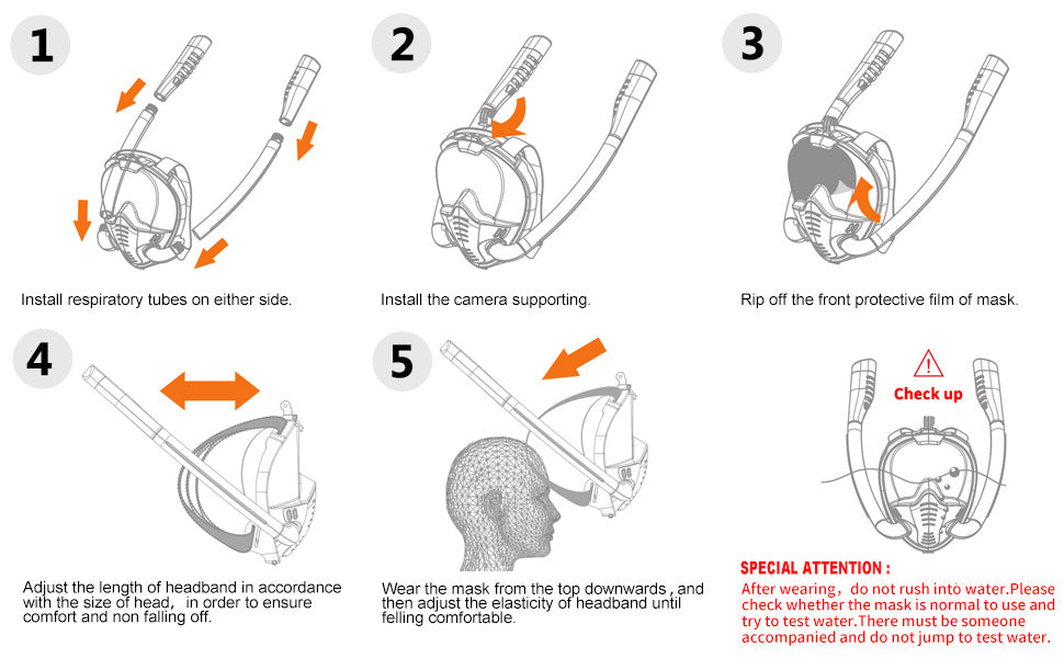 BOKEFA Full Face Snorkel Mask with 180° Panoramic View, Dual Tubes, Camera Mount & Air Pump - Adult Swimming Gear, PC Material, Black (Cameras Not Included), Diving Gear