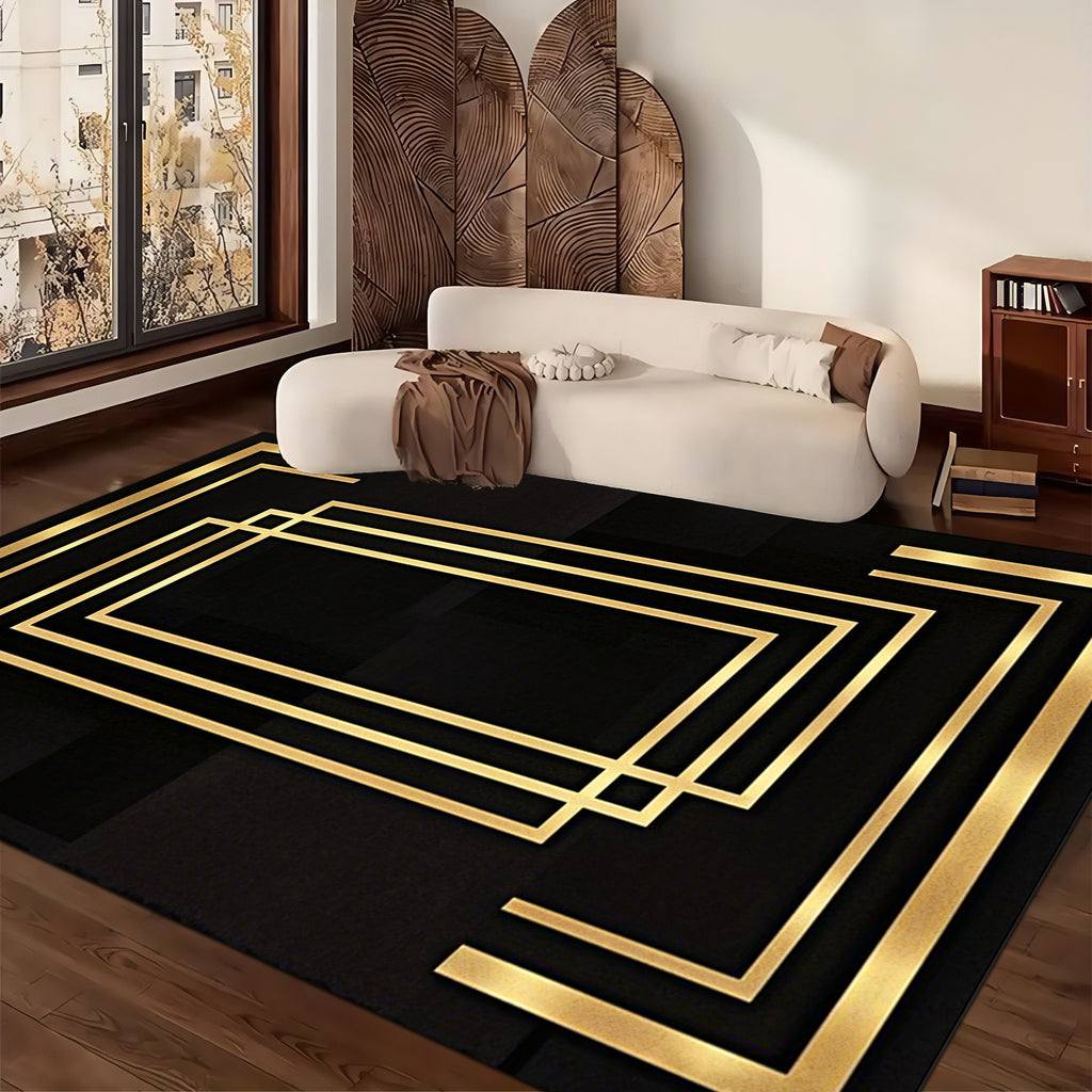 Luxurious Black Velvet Area Mat with Golden Geometric Design - Machine Washable, Non-Slip, Thick & Durable for Living Room, Bedroom, Entryway - Elegant Home Decor, Rugs for Living Room