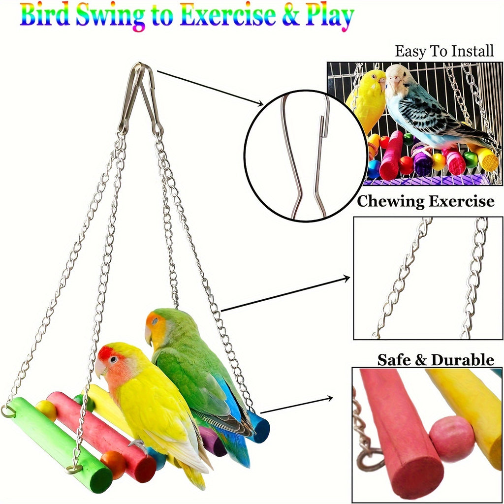 Colorful Wooden Bird Swing Toy with Mirror and Hanging Bridge -