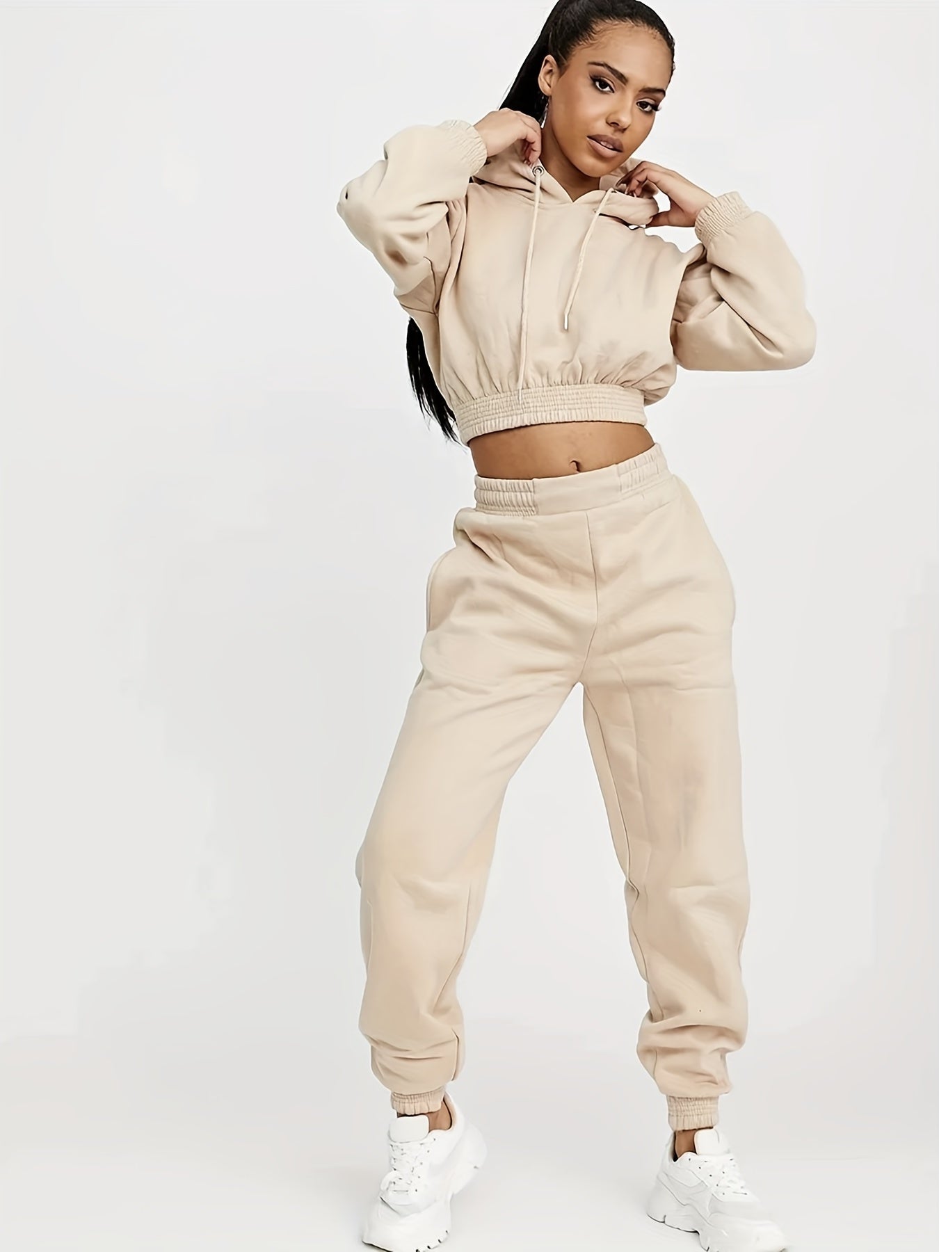 2pcs Plain High Stretch Sporty Suit, Long Sleeves Drawstring Hooded Sweatshirt & Jogging Pant Sports Set, Women's Activewear