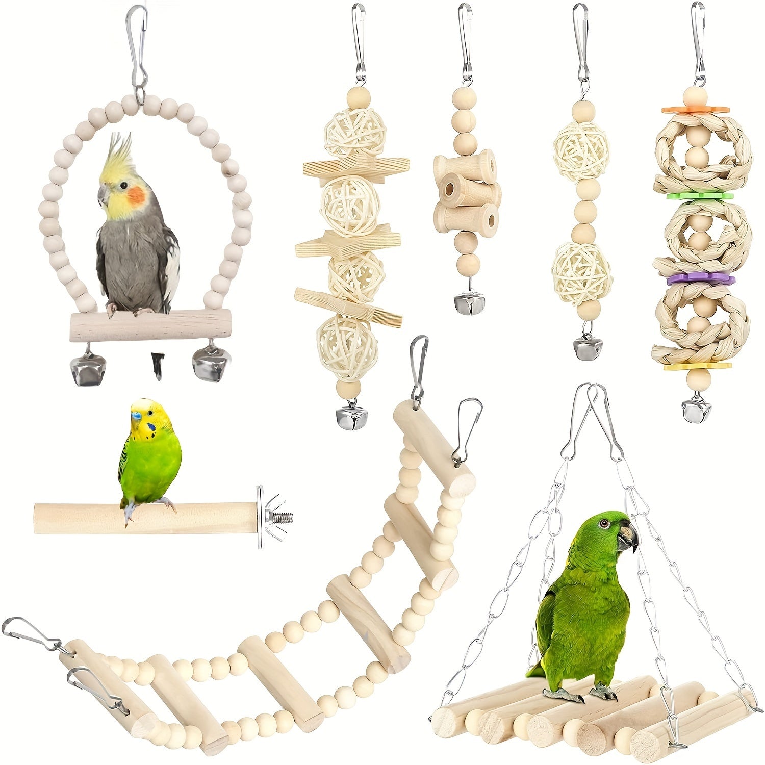 8pcs Solid Wood Bird Toy Set - Tiger Skin Peony Love Bird Small and Medium Parrot Toys with Swing Stairs and Chew Ball