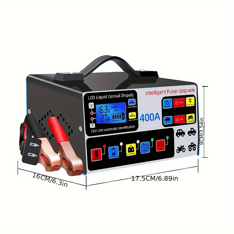 12V/24V Large Power Automotive Smart Pulse Repair Car Charger - Fast and Efficient Vehicle, Boat, Motorcycle Battery Charger with Advanced Safety Features and Multi-Protection