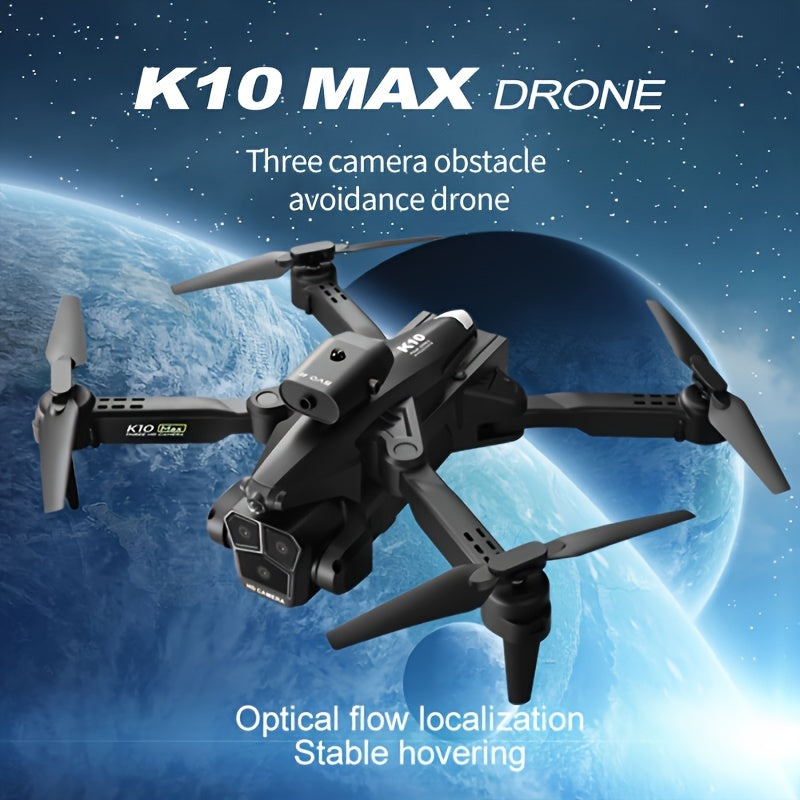 2.4Ghz Wifi FPV K10 MAX Triple-Camera RC Drone - 360° Obstacle Avoidance, Optical Flow Positioning, Headless Mode, One-key Take Off/Landing, Foldable Quadcopter Toys Drone with SD Three ESC Camera