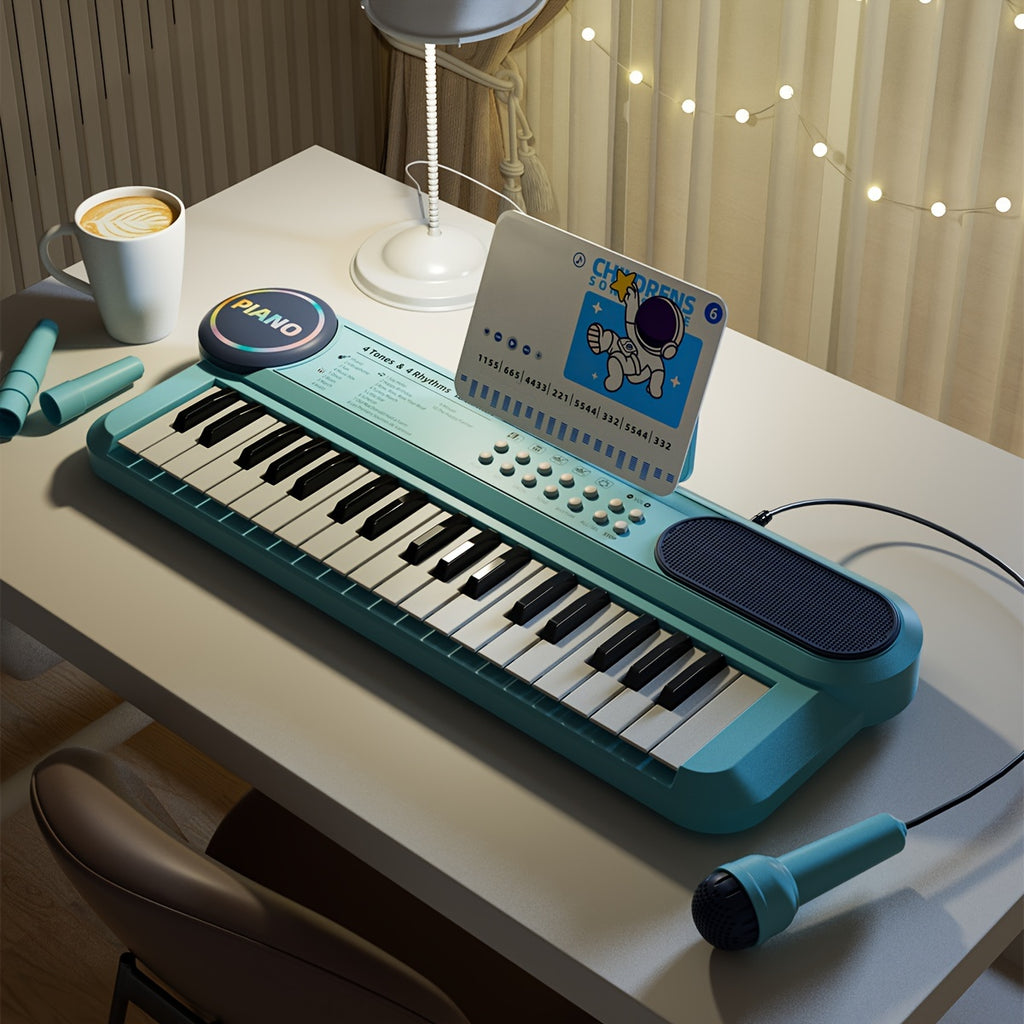 Youngsters Piano Keyboard Toys, 37 Keys Youngsters Piano Music Instruments Toy with Microphone, Pink Blue Piano Multipie Sounds, Stickers, Birthday Gifts for Boys and Girls