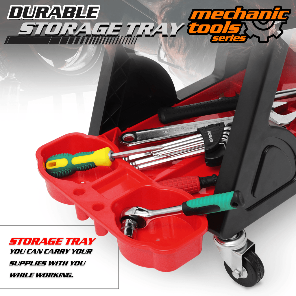 Mechanics Stool with Wheels, Roller Creeper Seat with Tools Storage Tray, Seat Chair for Home Garage DIY Automotive, 300 lbs Capacity