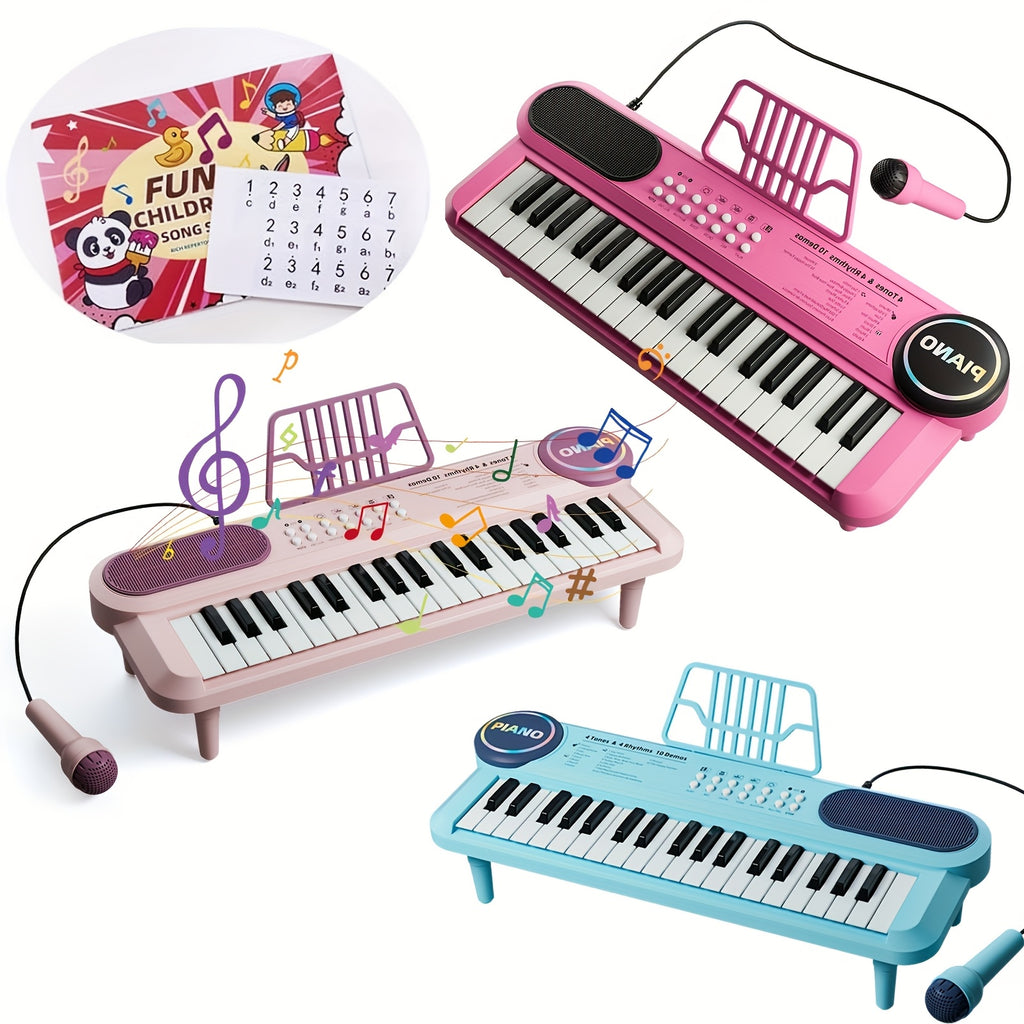 Youngsters Piano Keyboard Toys, 37 Keys Youngsters Piano Music Instruments Toy with Microphone, Pink Blue Piano Multipie Sounds, Stickers, Birthday Gifts for Boys and Girls