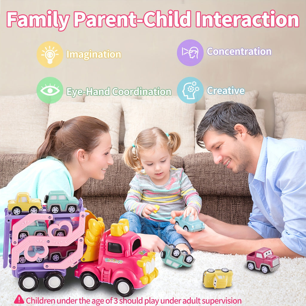 Toddler Car Toys 7-in-1 Pink Princess Foldable Transport Carrier Trucks For Baby | Lights & Music | 3 Layer Transformable Carriage Set | (Bowknot)