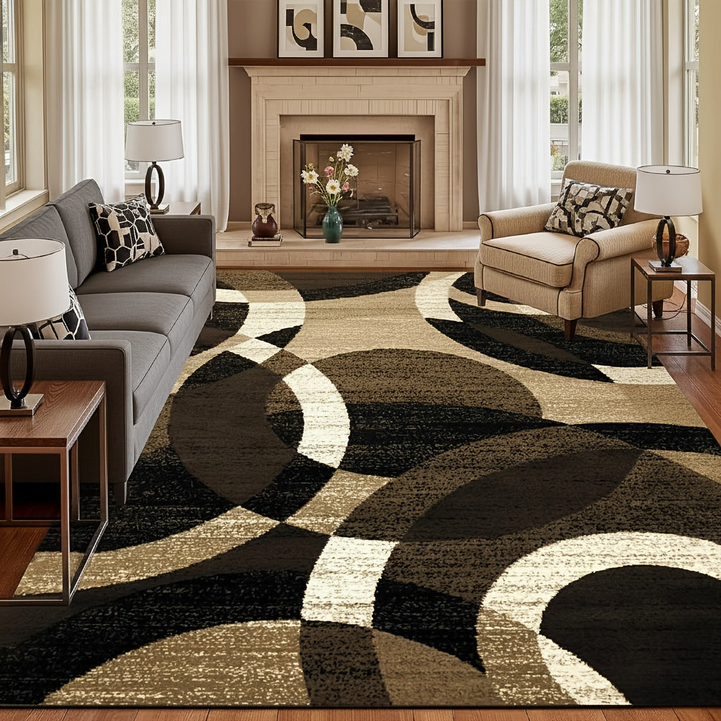 1pc Extra Large Luxury Mat - Black, Golden, Beige Modern Geometric Pattern Large Area Mat - Plush Soft Polyester Fiber Mat for Living Room, Bedroom, Kitchen - Machine Washable & Non-Slip Backing - Elegant Home Decor in Black,