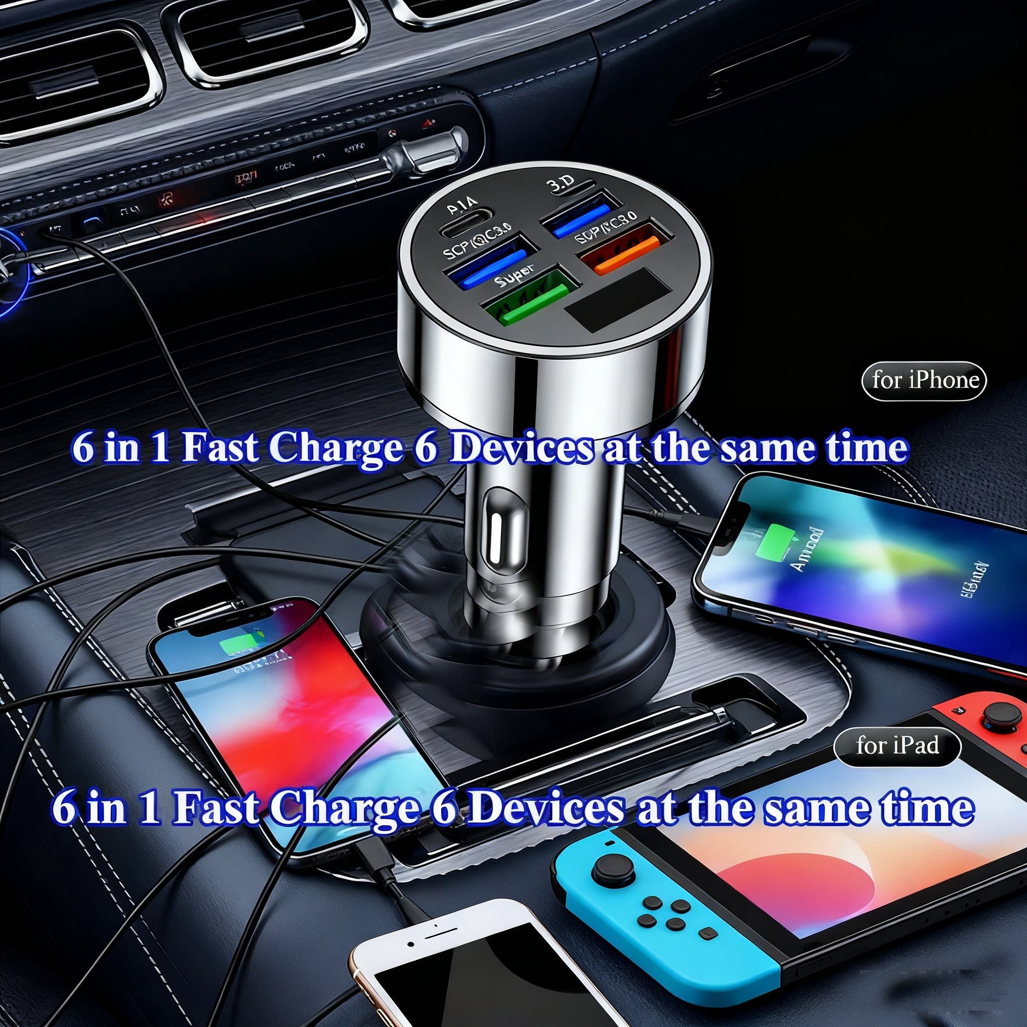 1 Pac 2025 Military-Grade] 10X HYPER-SPEED Car Charger, The Ultimate 6-in-1 Charging Station Hub