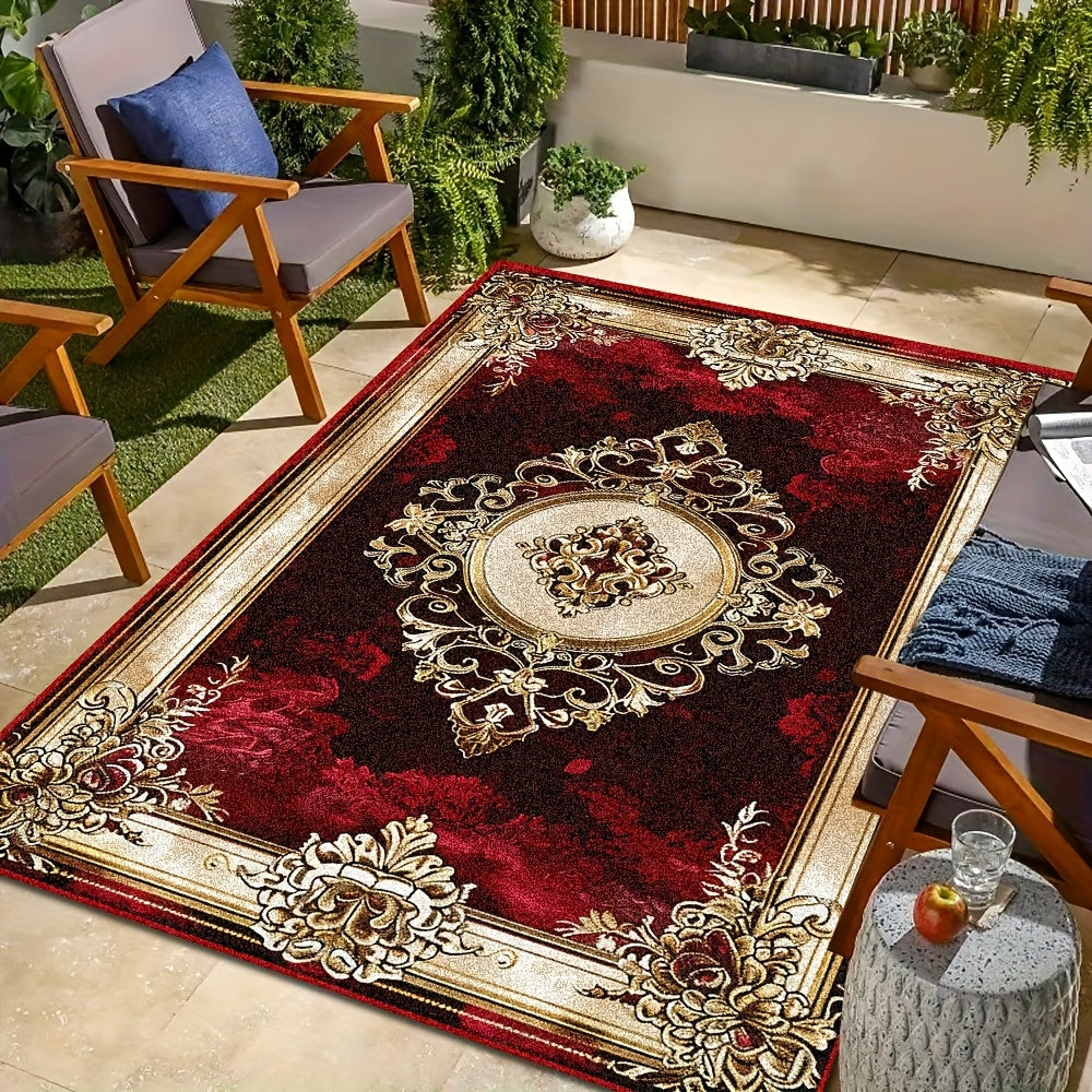 1pc Luxury Large Rectangular Mat - Burgundy & Golden Elegant Design, Soft Flat Weave Area Mat with Non-Slip Rubber Backing, Deep Red/Black/Golden/Beige/Brown Tones for Living Room, Bedroom, Office, Wedding & Father's Day Deco