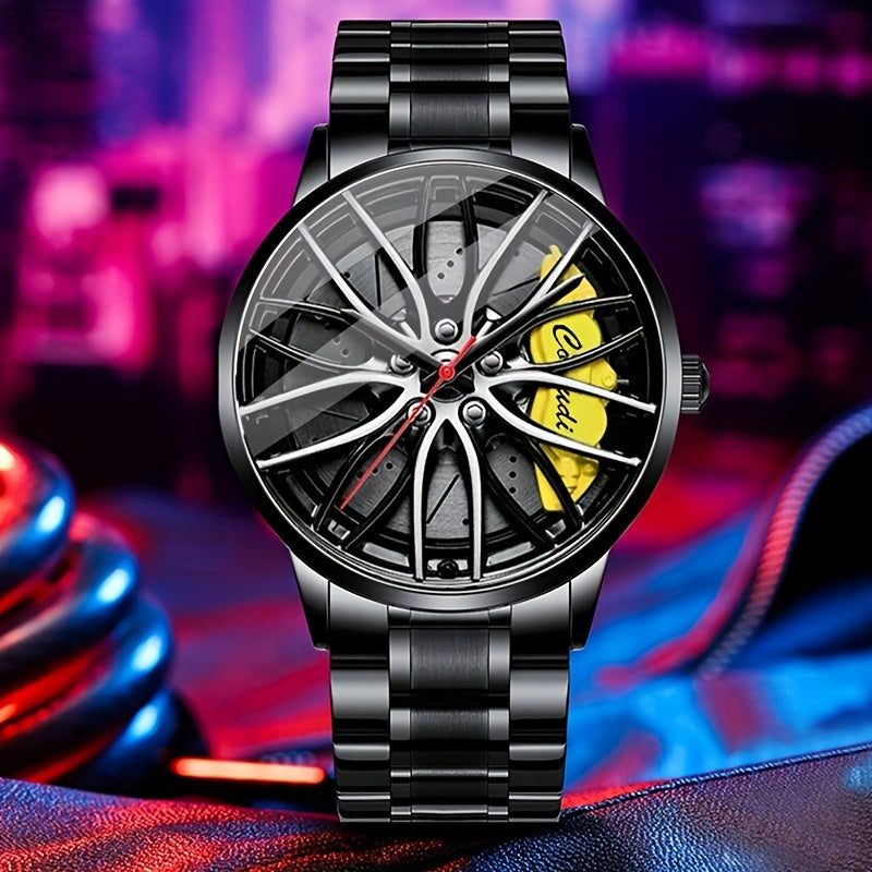1pc Men's Watch, Car Wheel Hub Caliper Luminous Steel Band Three-dimensional Hollow Sports Wrist Watch, Ideal choice for Gifts