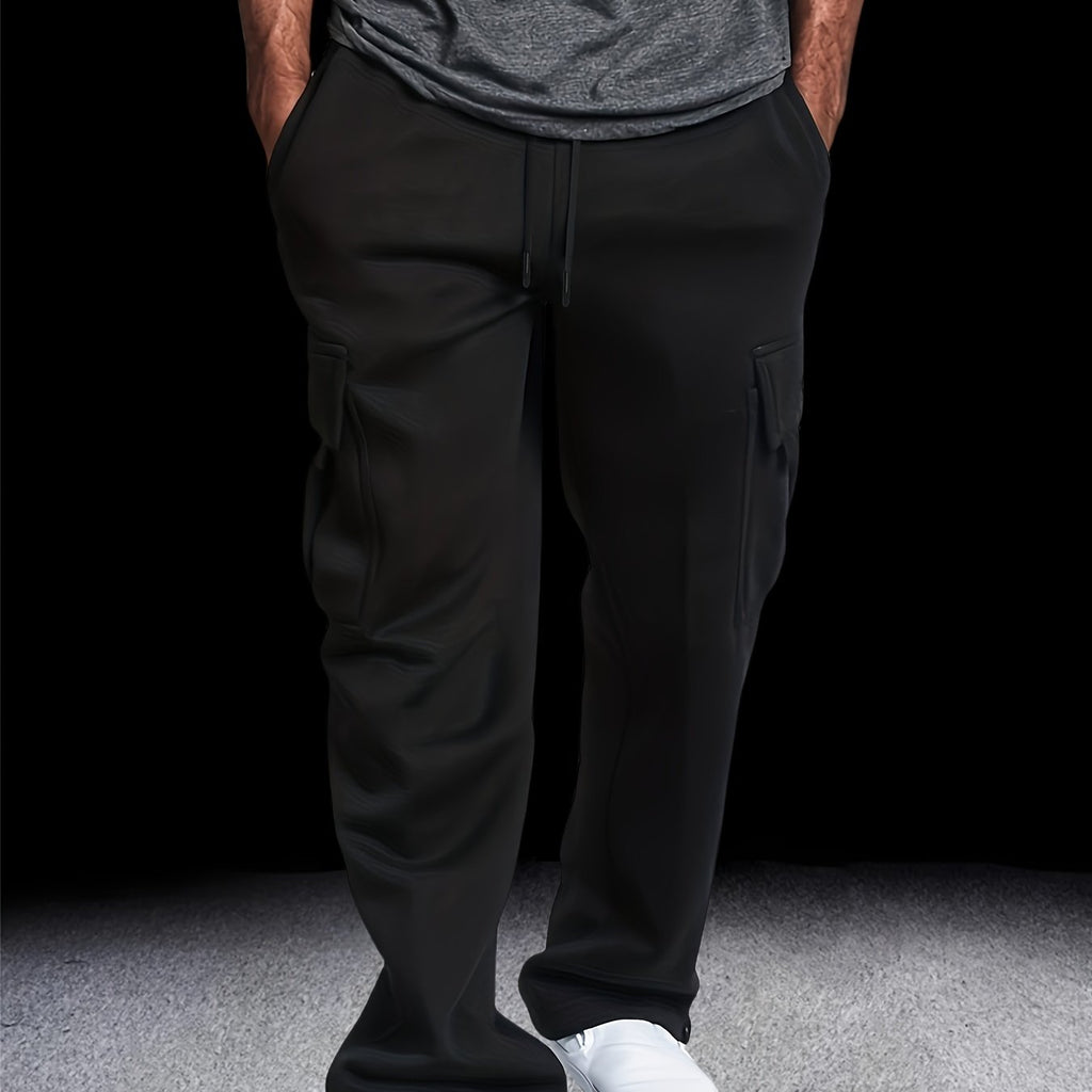 Men's Fleece-Lined Cargo Pants - Thick, Loose Fit for Winter Sports & Outdoor Activities, Gray with Multiple Pockets & Drawstring Waist, Polyester Knit Fabric, Street Style Joggers