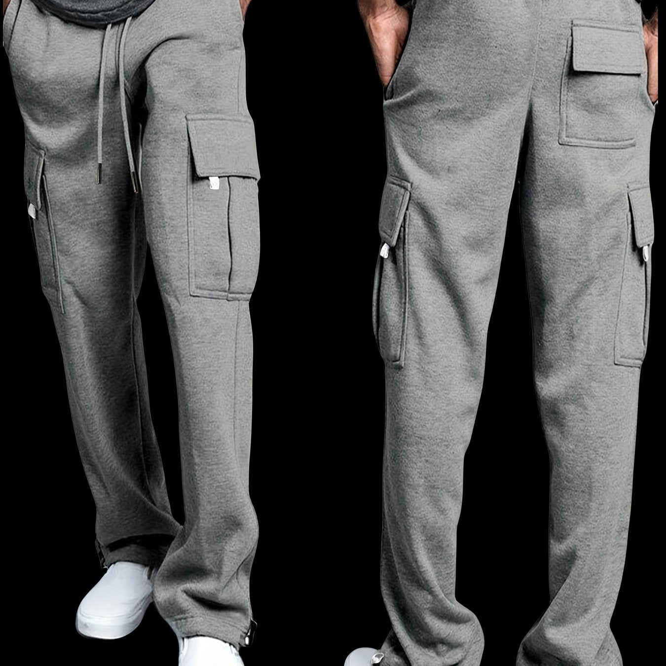 Men's Fleece-Lined Cargo Pants - Thick, Loose Fit for Winter Sports & Outdoor Activities, Gray with Multiple Pockets & Drawstring Waist, Polyester Knit Fabric, Street Style Joggers