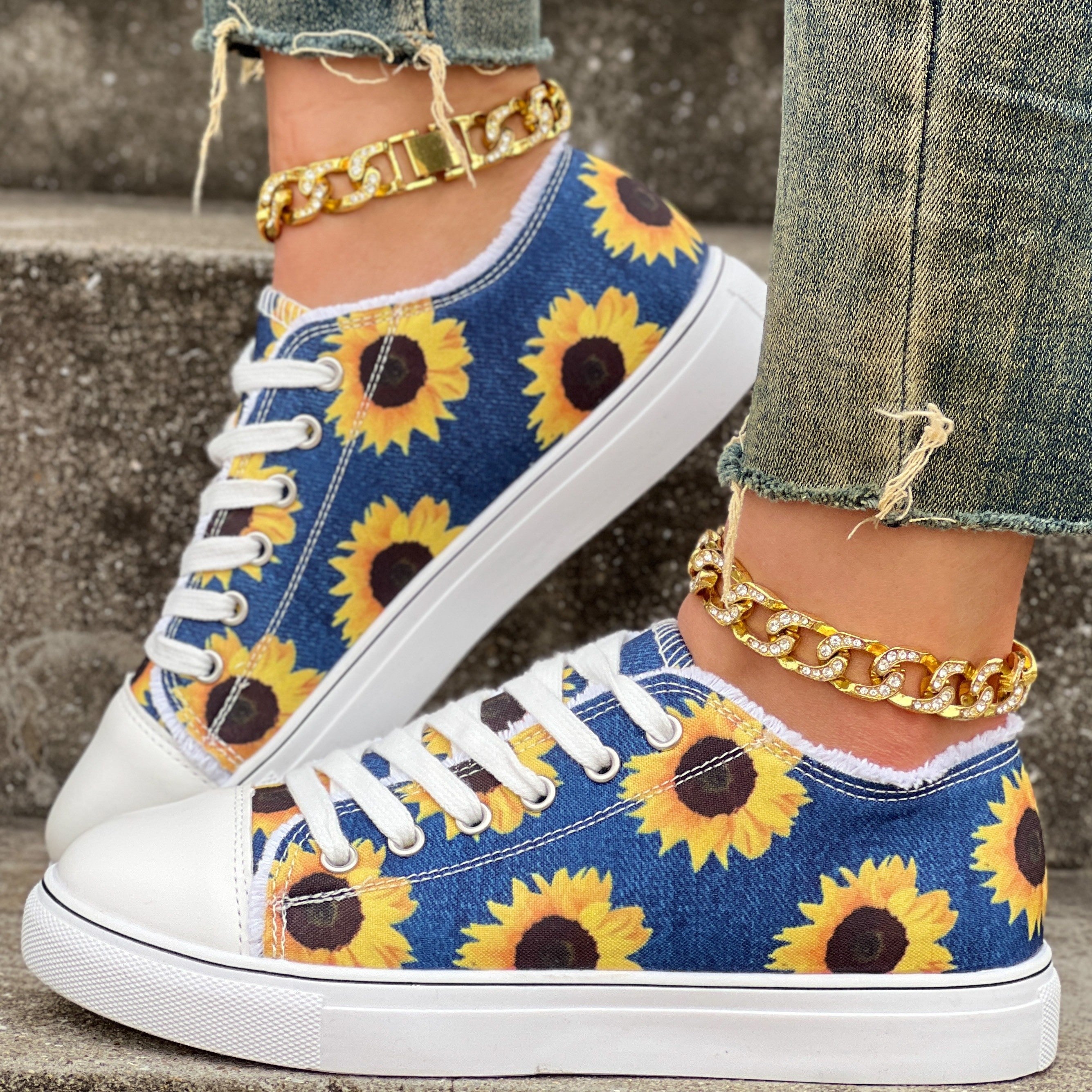 Womens Sunflower Canvas Shoes - Vibrant Print, Comfortable Casual Lace-Up Design - Perfect for Outdoor Walking Adventures, Ultra-Lightweight & Low Top