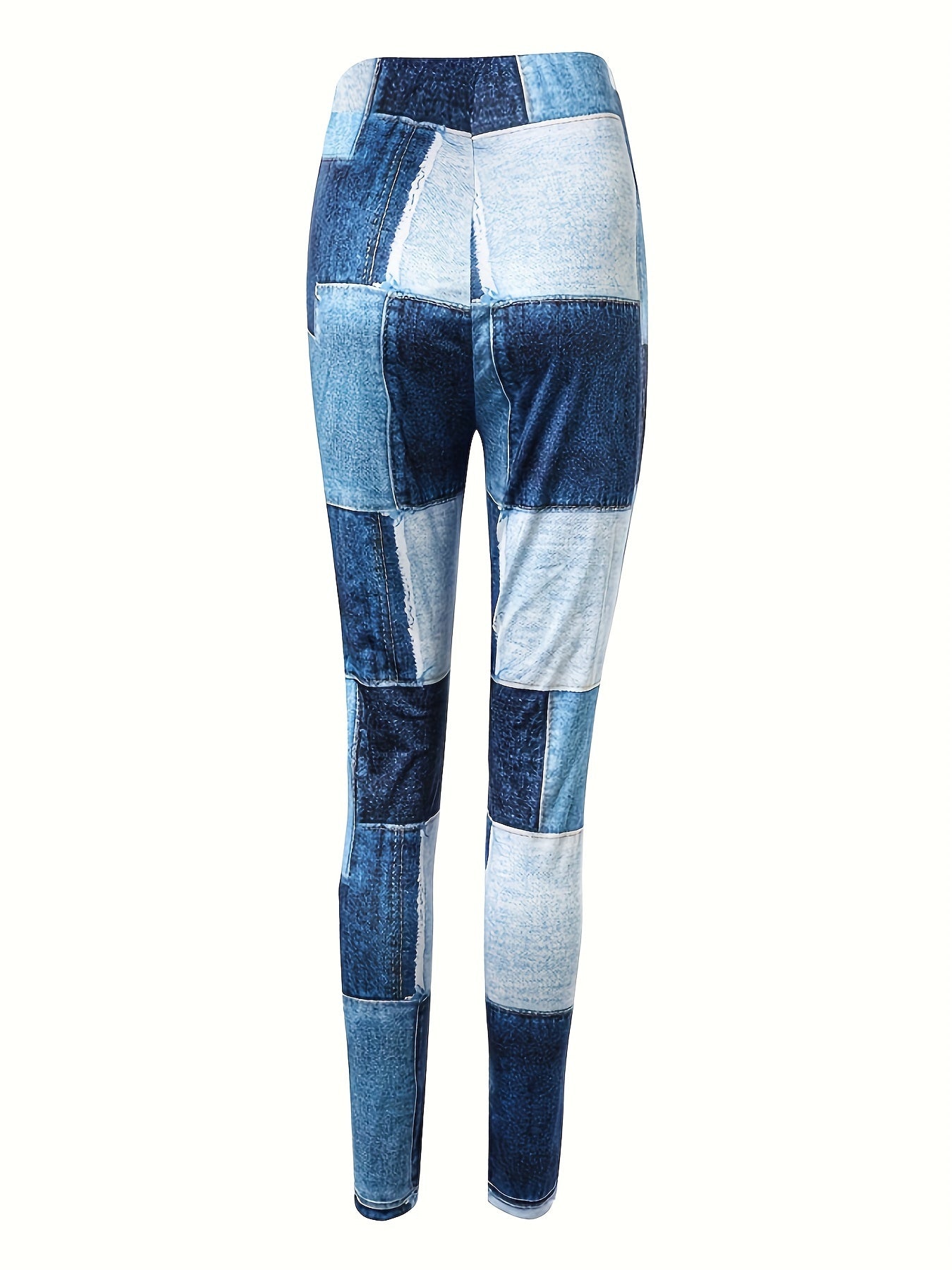 Yoga Fitness Leggings, Plaid Panel Denim Print High Waist Sports Pants, Women's Activewear